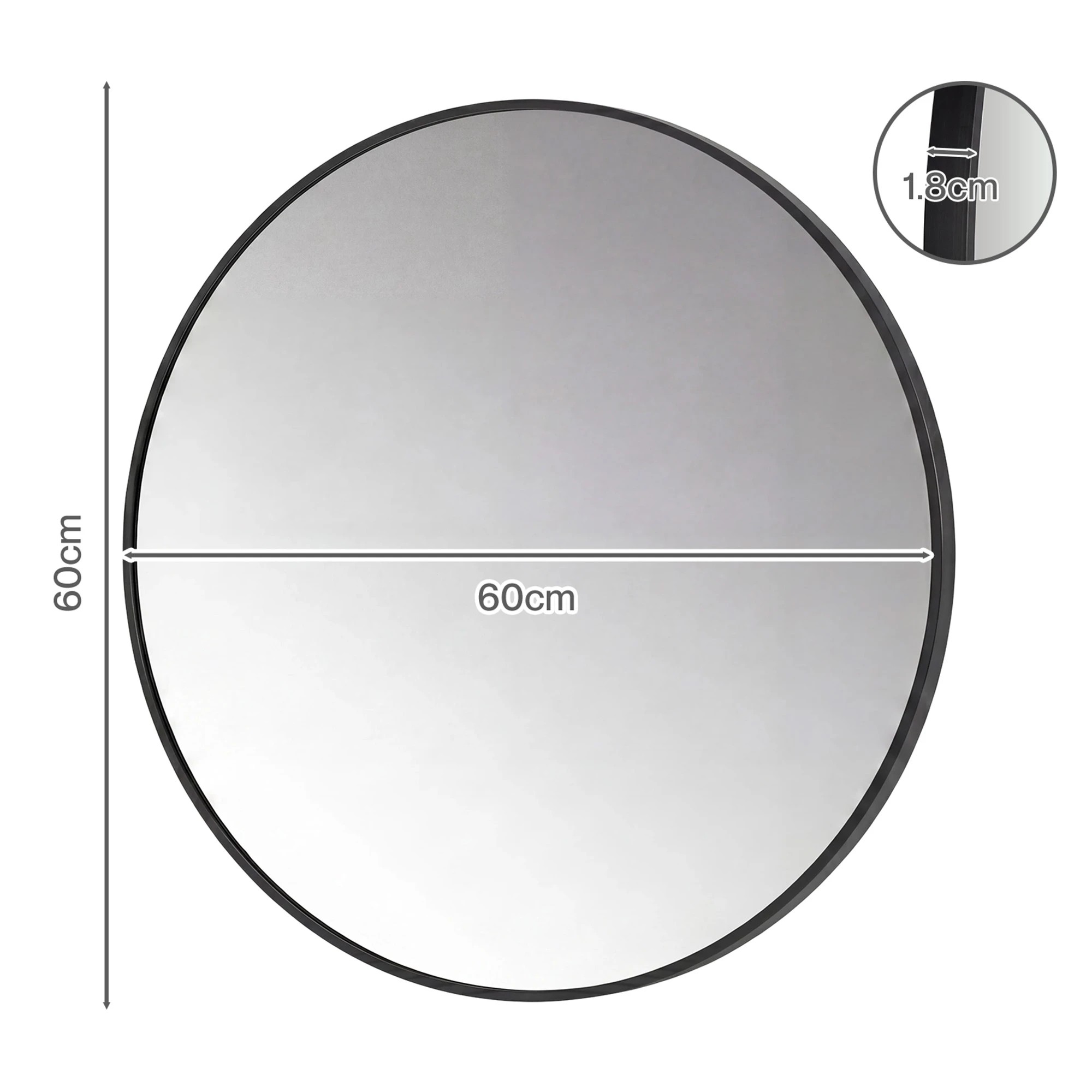 3 Yezi Wall Mirror Aluminum Frame Round Mirror 60cm HD Clear Bathroom Black, 3 of 5