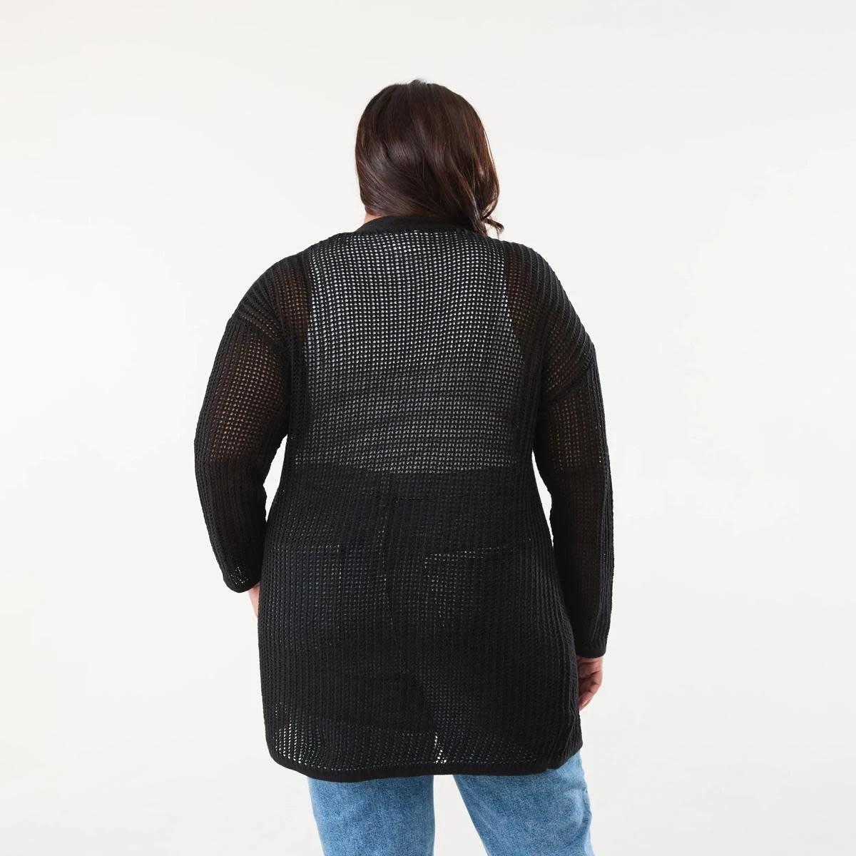 3 Curve Long Sleeve Crochet Cardigan BLACK, 3 of 5