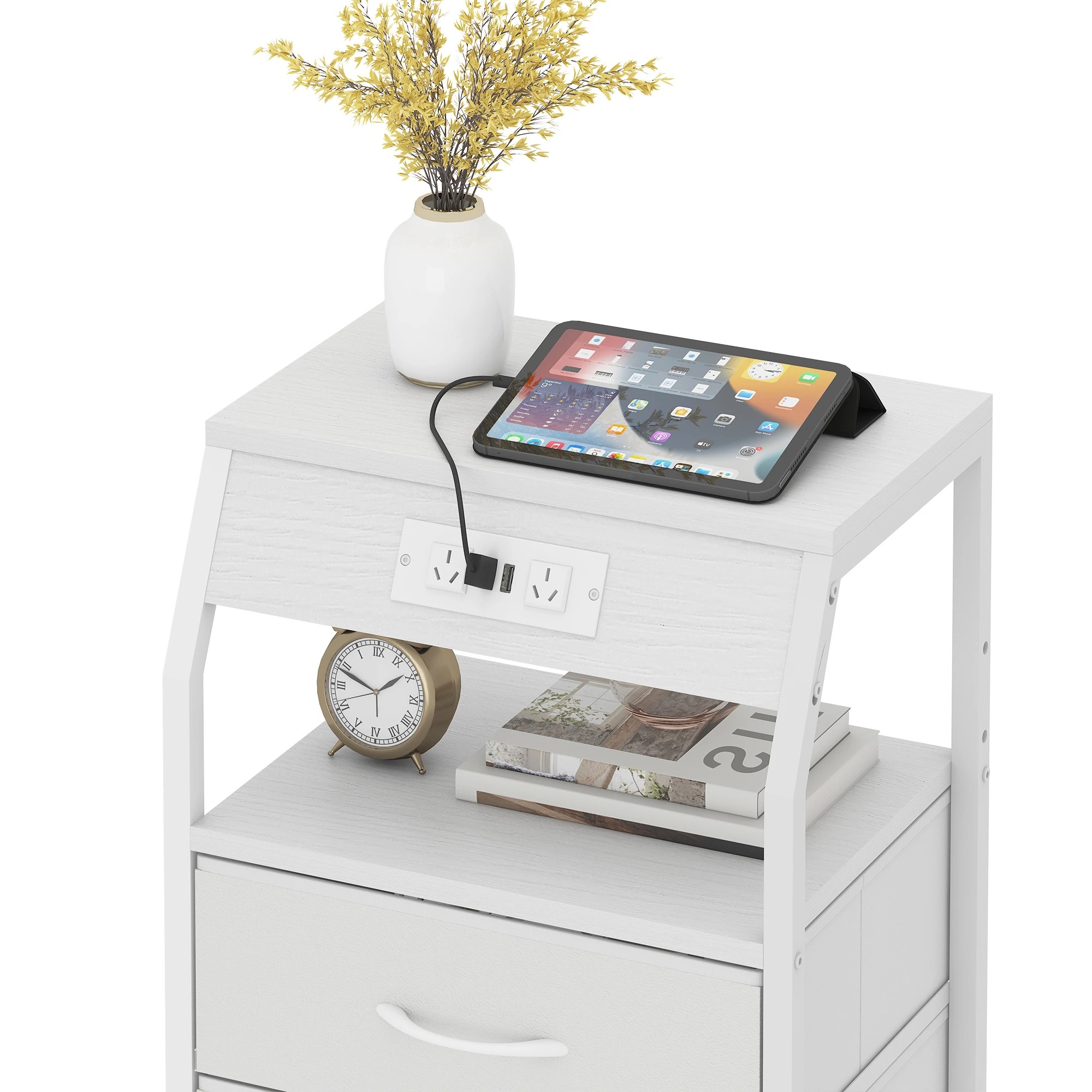 5 Advwin Set of 2 Bedside Table with Charging Station 3 Fabric Drawers Nightstand - White, 5 of 10