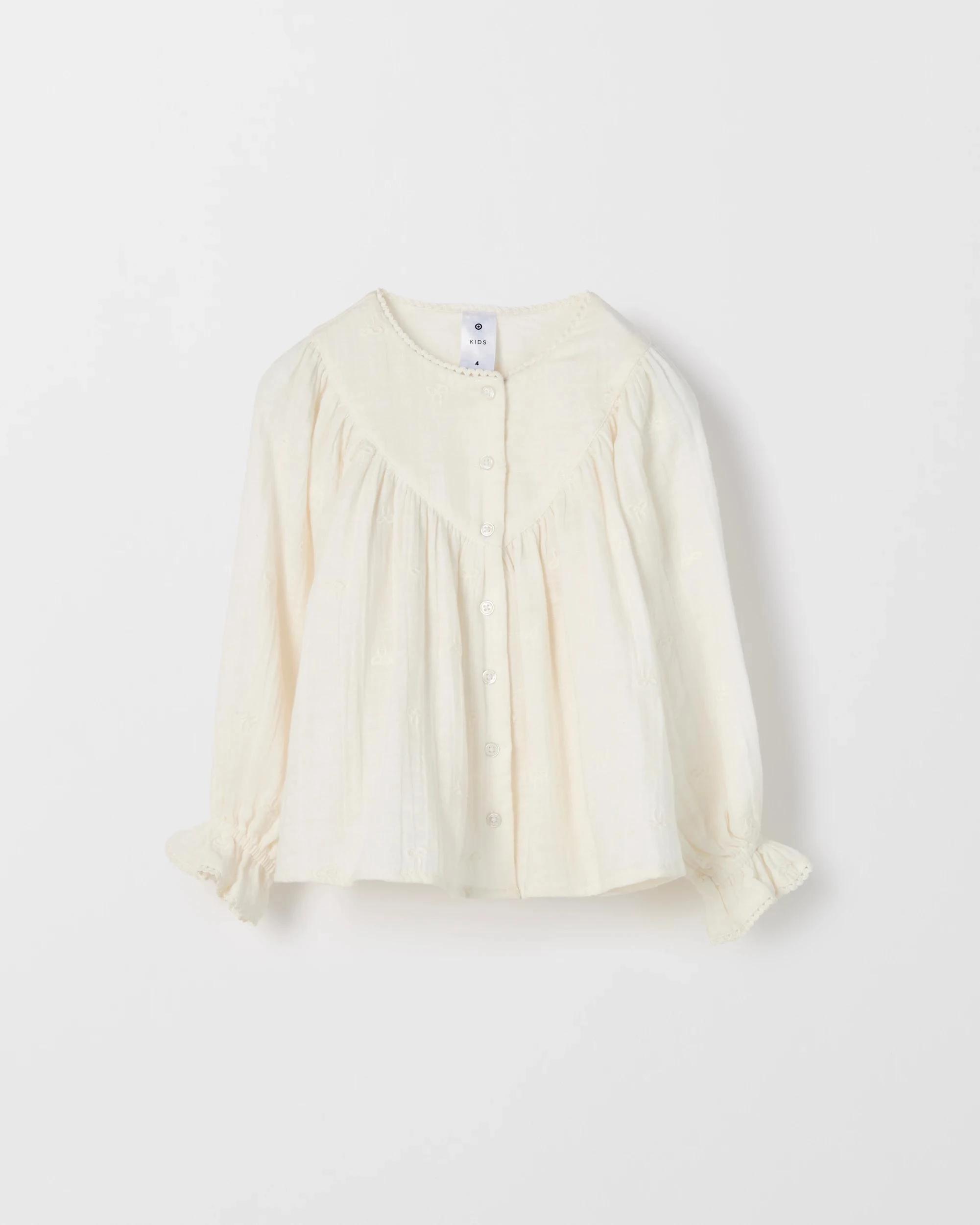 5 Target Kids Long Sleeve Woven Button Through Ruffle Blouse CREAM, 5 of 6