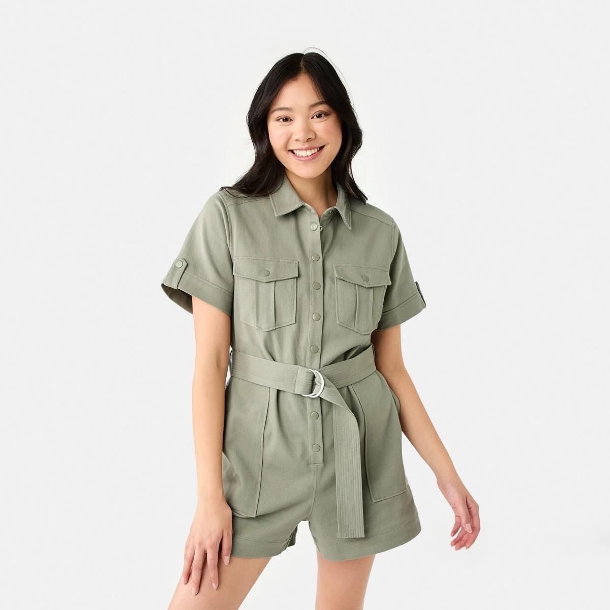 1 Short Sleeve Belted Playsuit LIGHT KHAKI, 1 of 10