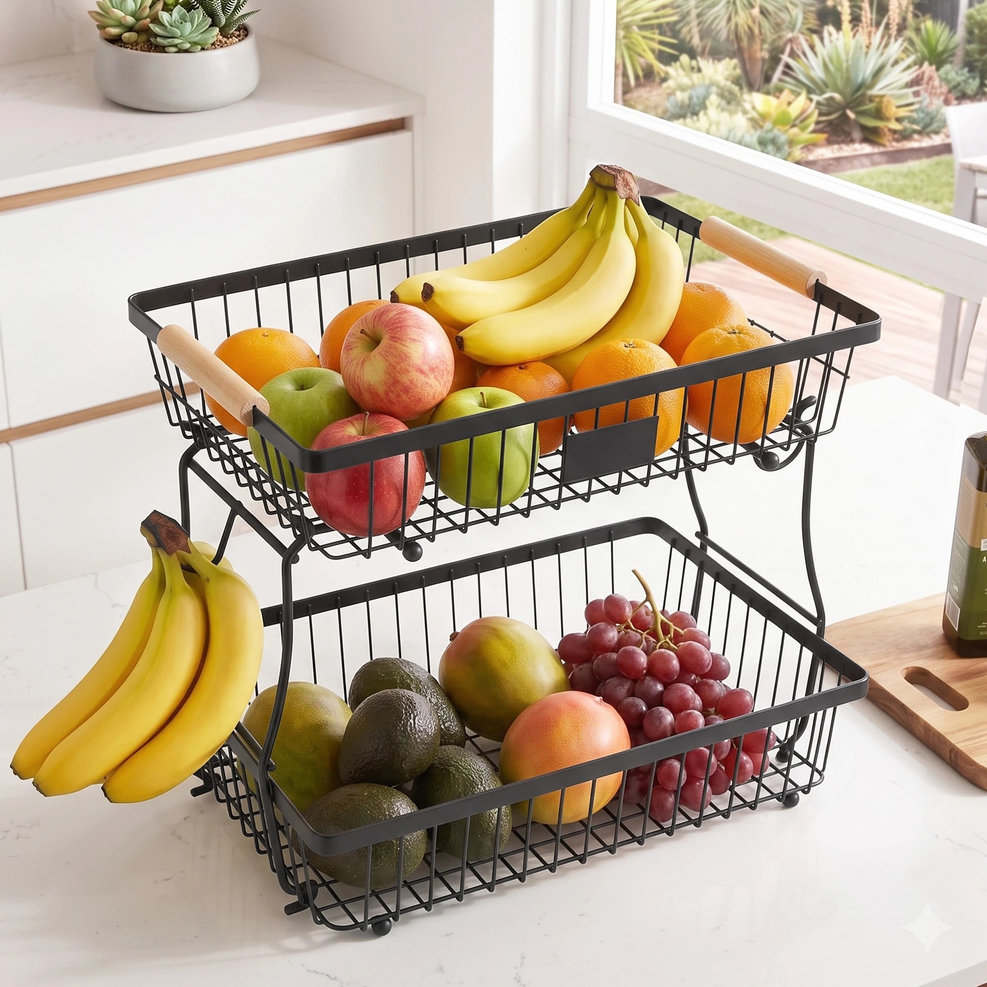 6 5-Star Chef 2 Tier Fruit Basket Bowl Detachable Kitchen Food Storage Stand Organiser - Black, 6 of 6