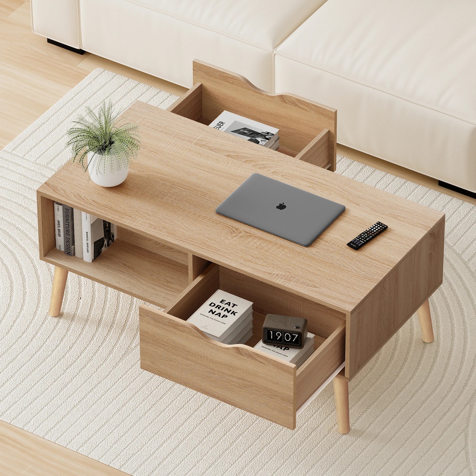 5 Alfordson Coffee Table Storage Tables 2 Drawers Shelf Modern Desk - Oak, 5 of 10