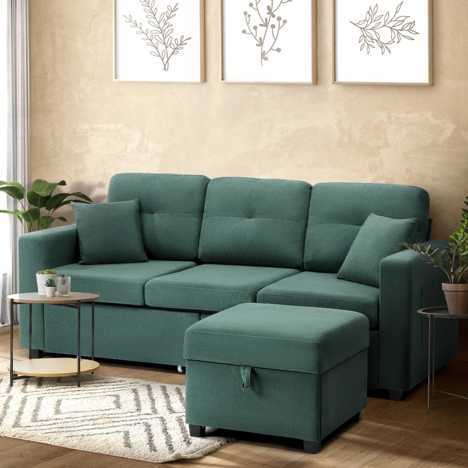 3 Oikiture 3 Seater Sofa Lounge Set Modular Couch Drawers&ottoman Velvet
 - Green, 3 of 10