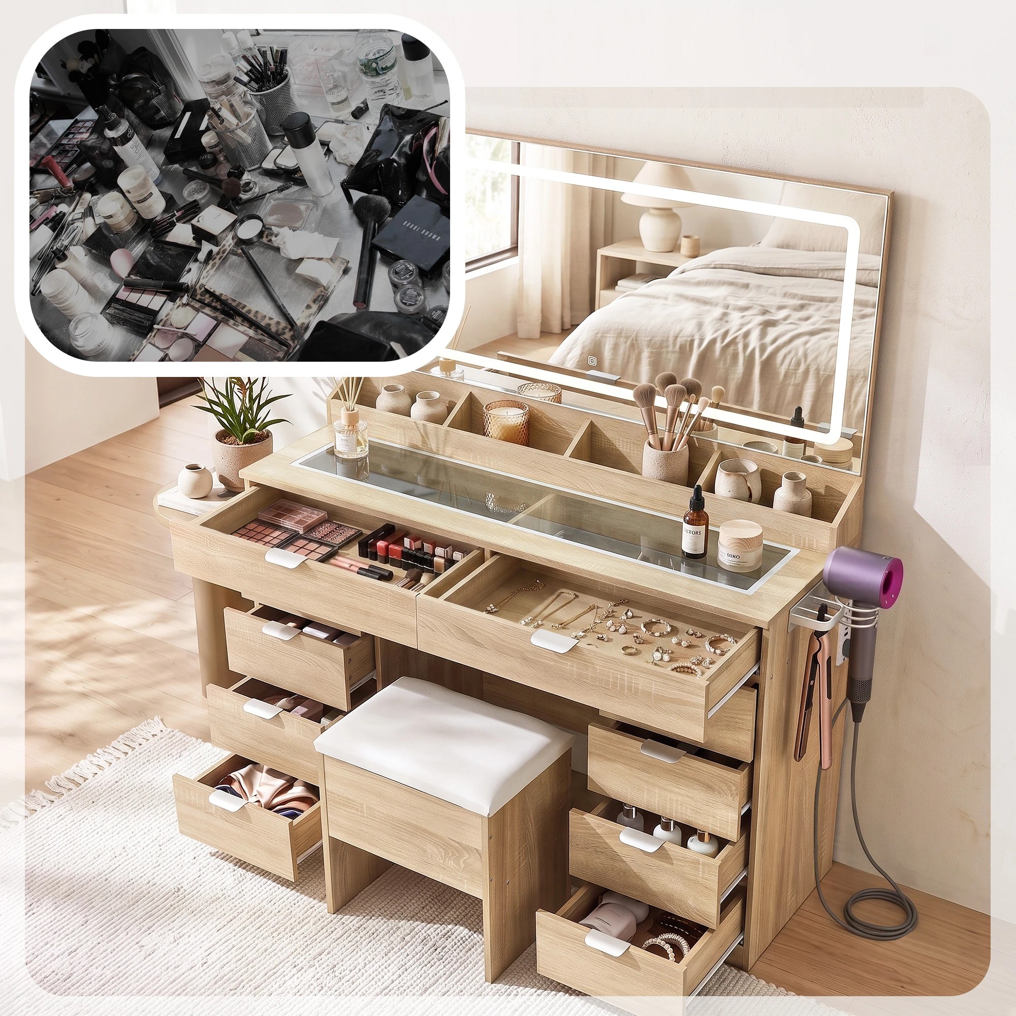 8 Artiss Dressing Table Charging Station LED Vanity Desk Set Stool Make up Mirror Storage Drawer - Natural, 8 of 9