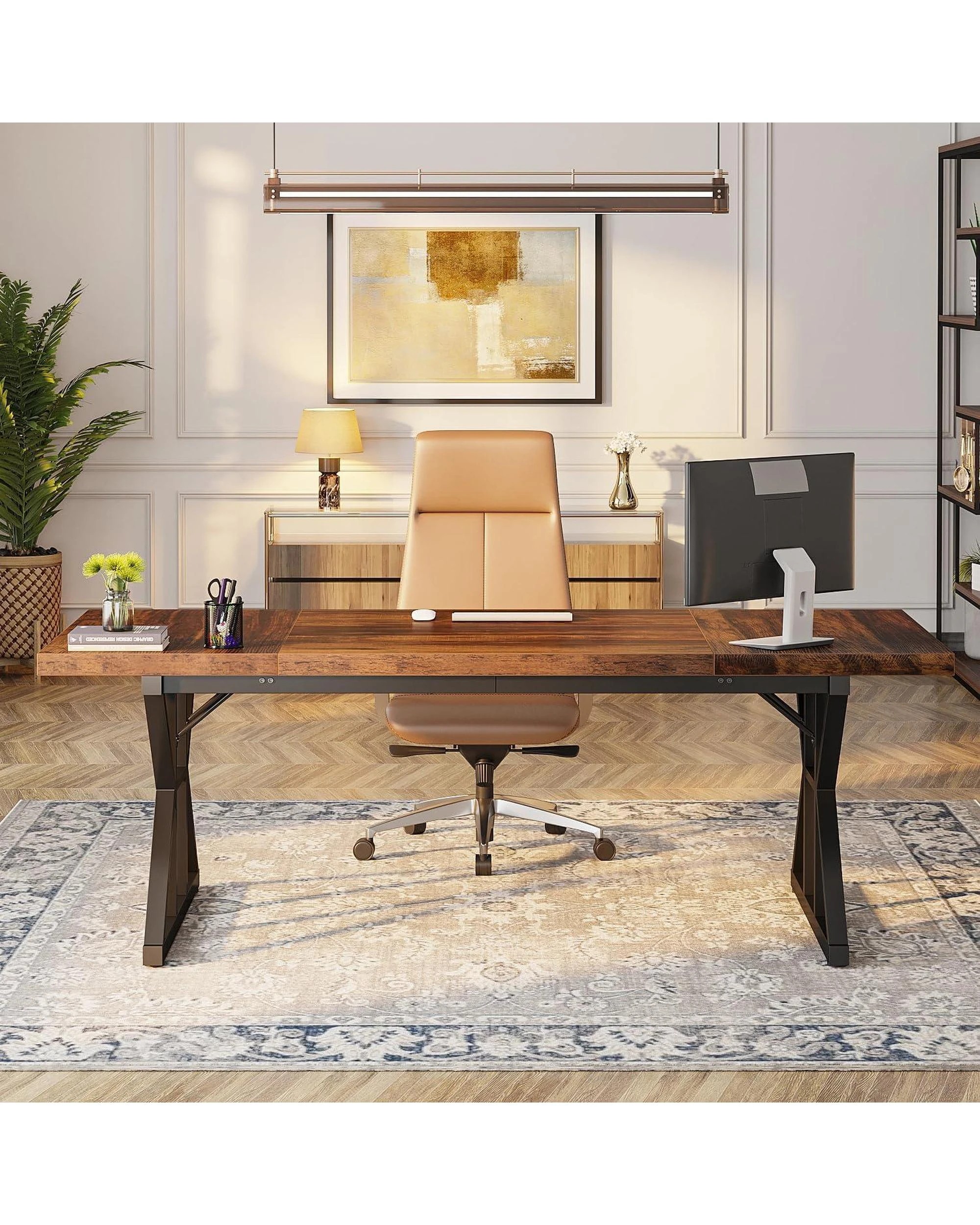 4 OAKORY 180cm Home office Desk with Metal X-shaped Trestle legs Rustic Brown and Black, 4 of 5