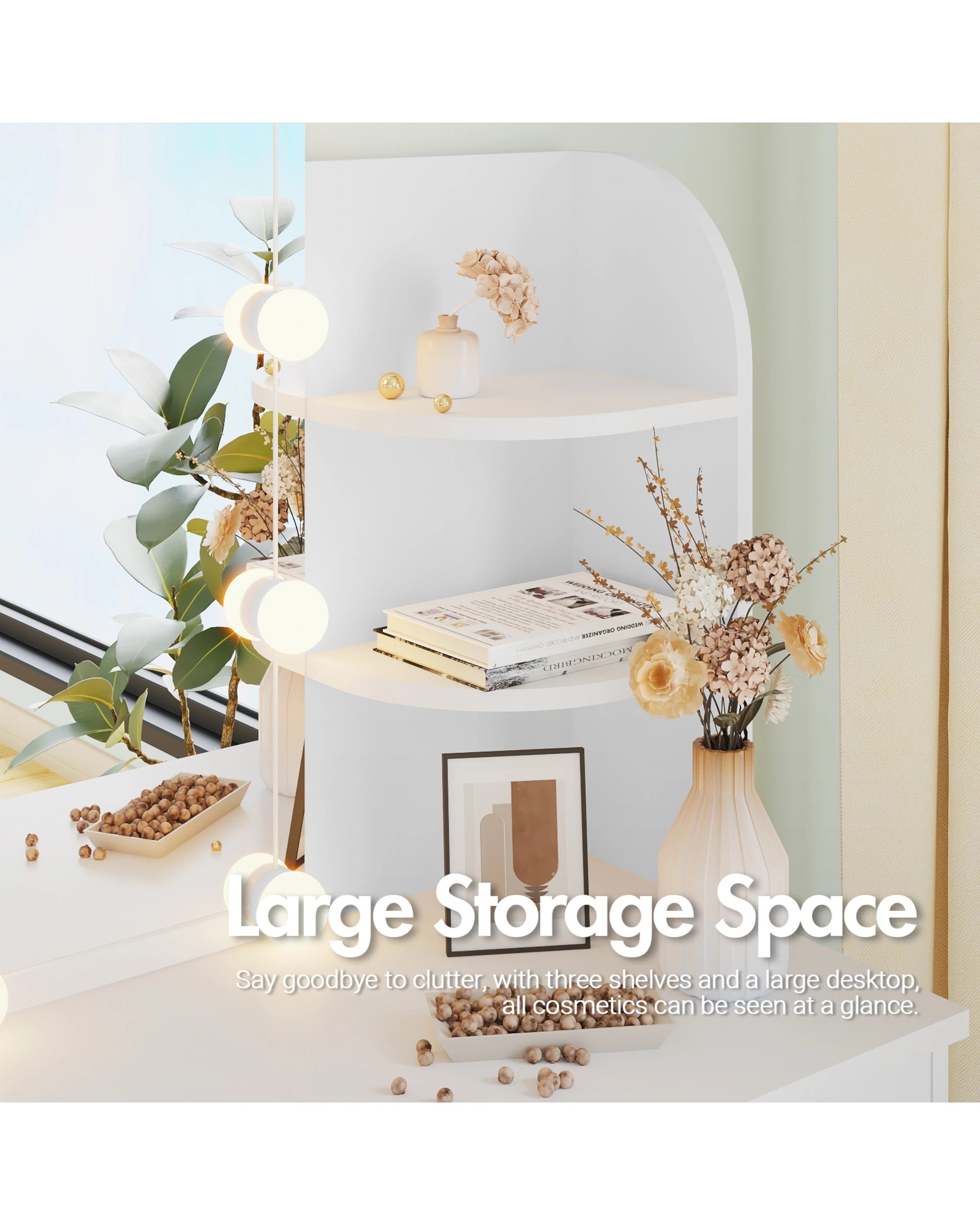 4 Advwin Dressing Table Stool Set 10 LED Lights Makeup Mirror Vanity Desk with Shelves Drawers Dresser, 4 of 8