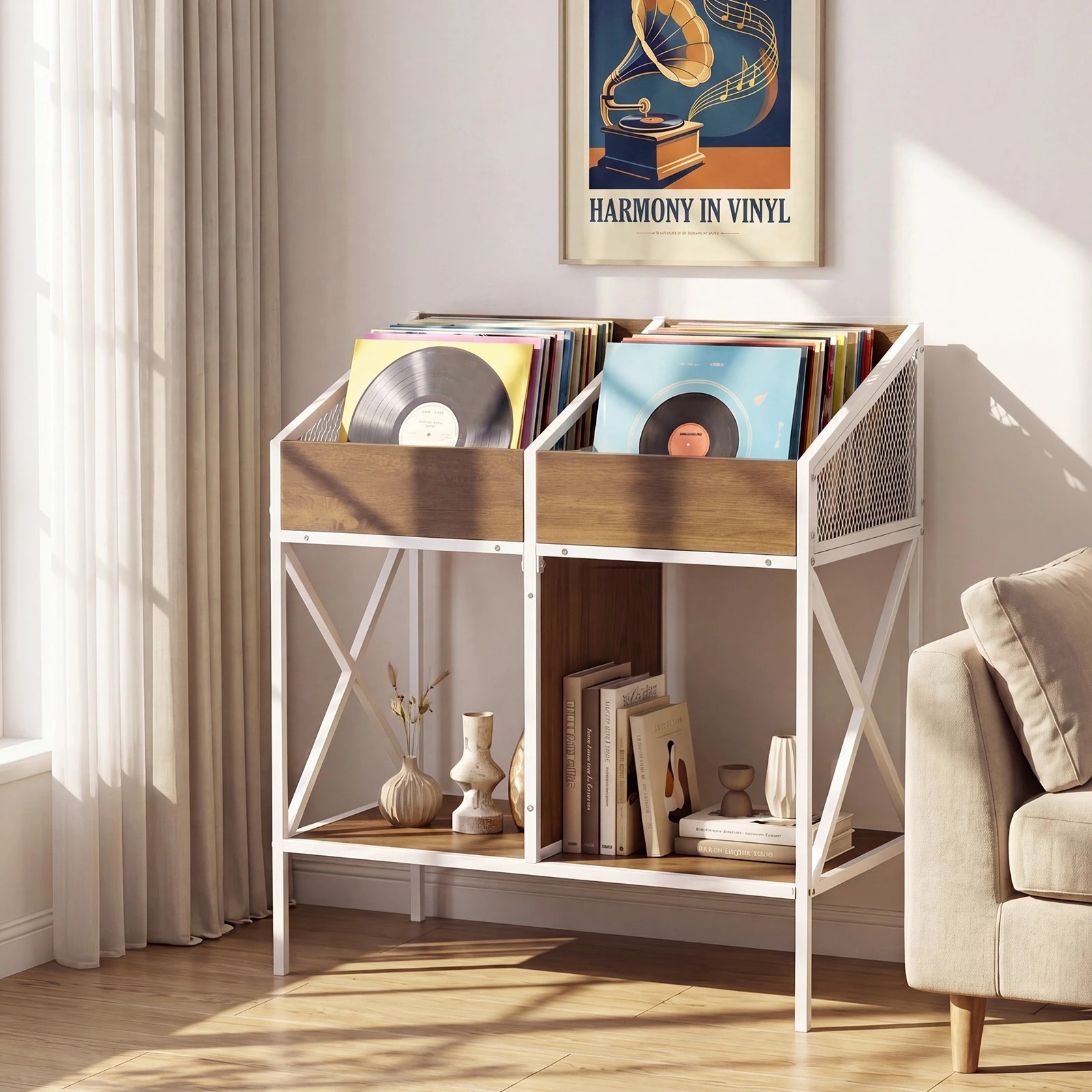 4 Costway 2-Tier Vinyl Record Storage Rack Magazine Books Record Holder - Natural, 4 of 7
