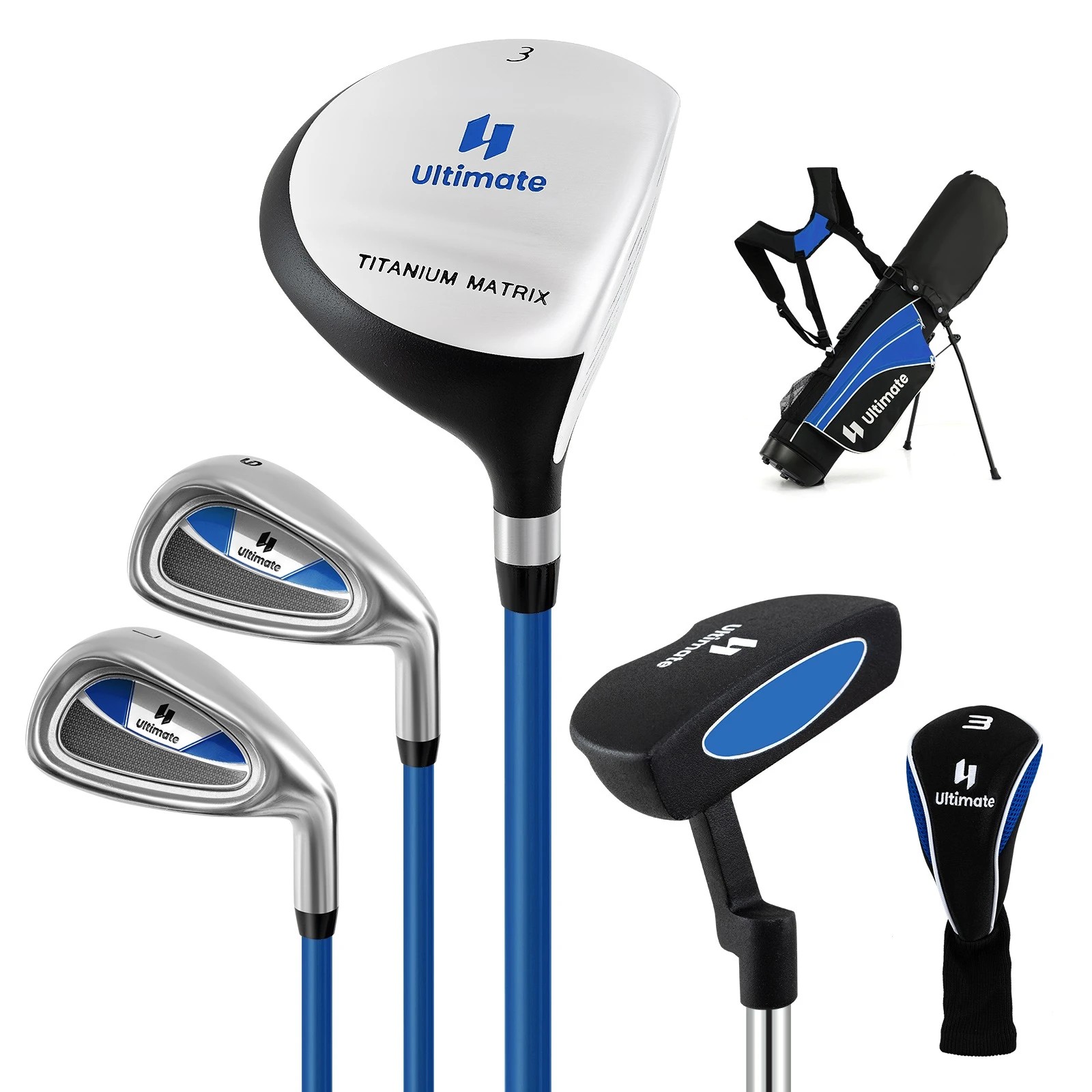 1 Costway Premium Junior Golf Clubs Set Starters w/Stand Bag & 4PCS Alloy/Metal Driver Right Hand - Blue, 1 of 1