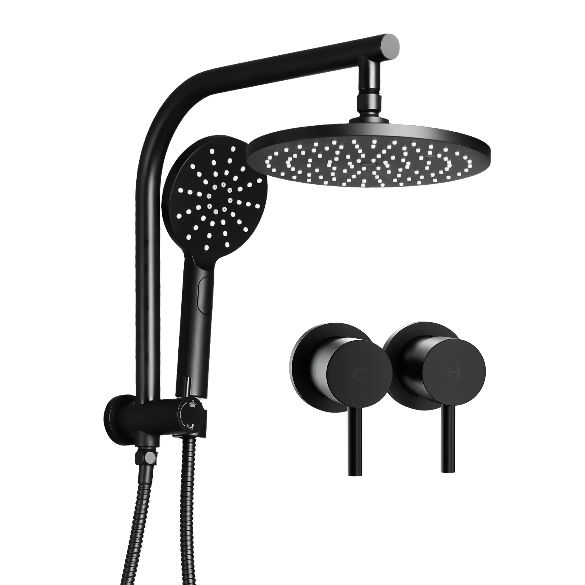 1 Cefito 9'' Rain Shower Head Set Handheld Round High Pressure Twins Tap Chrome - Black, 1 of 9