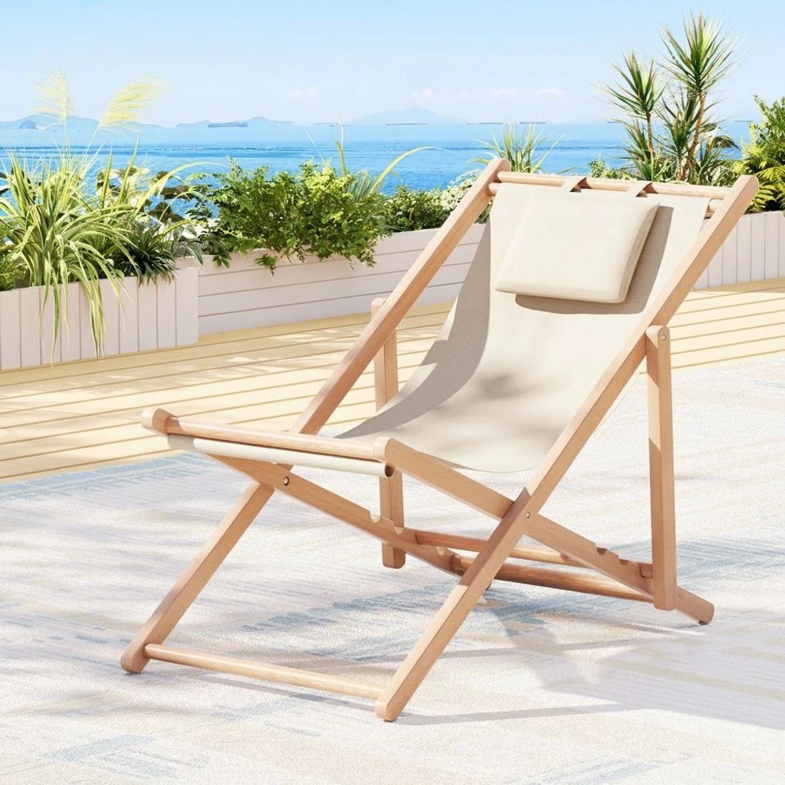 6 Gardeon Outdoor Deck Chair Wooden Sun Lounge Folding Beach Patio Furniture - Beige, 6 of 8