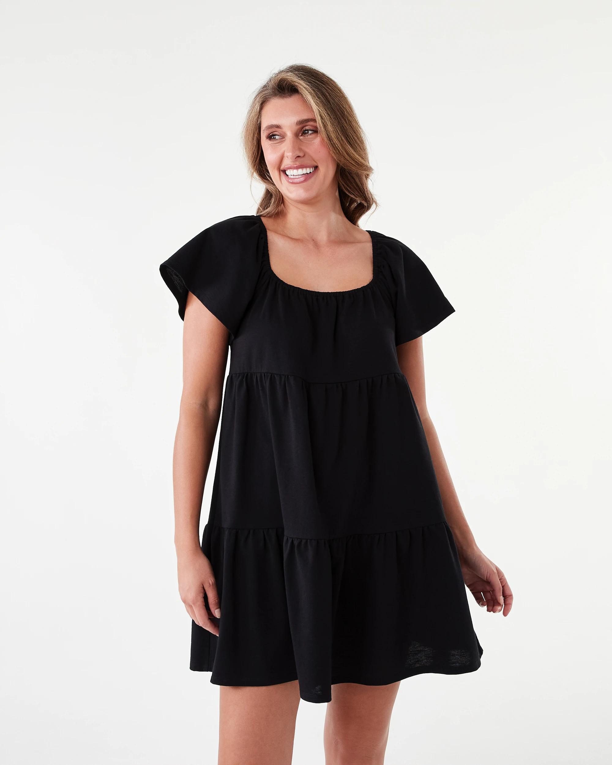 1 Short Sleeve Frill Tiered Jersey Mini Dress Black, 1 of 8