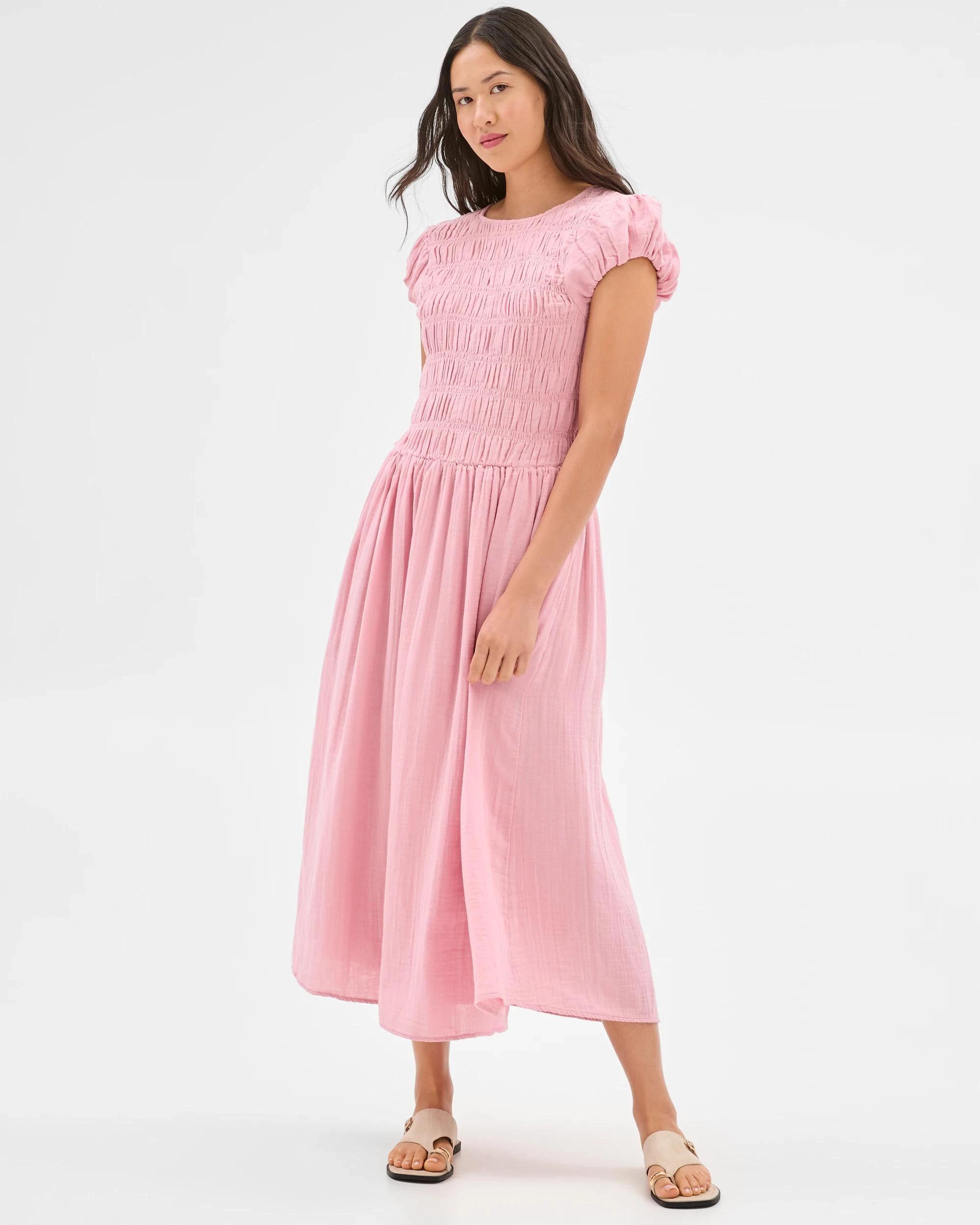 1 Target Woman Australian Cotton Shirred Bodice Midi Dress PRETTY PINK, 1 of 6