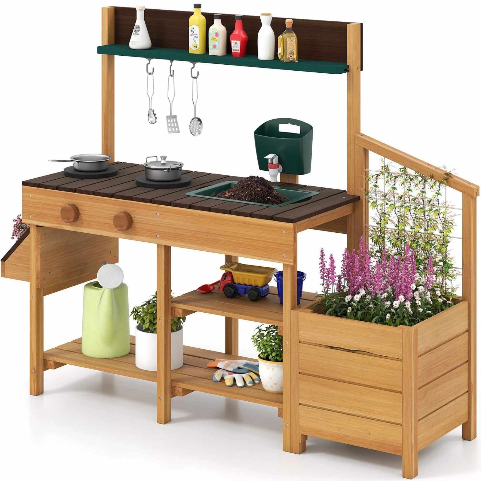 1 Costway Wood Mud Kitchen Playset w/Planter Box Trellis Sink & Stoves, 1 of 3