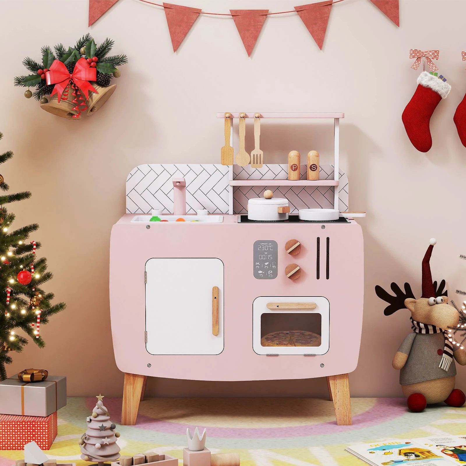 2 Costway Play Kitchen Wooden Kitchen Playset Chef Pretend Play Set, 2 of 2