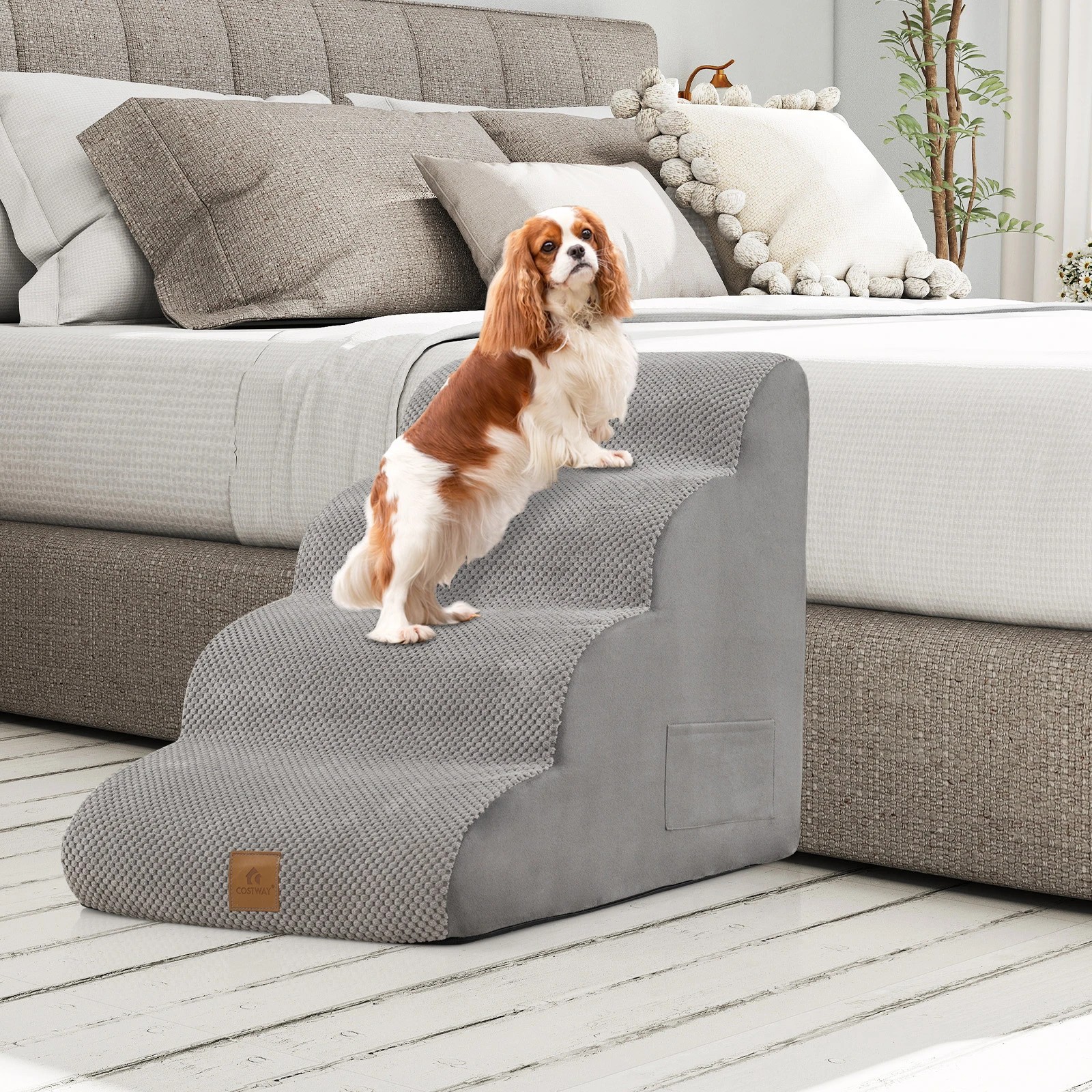 4 Costway 4-Step Dog Ramp Foam Pet Stair w/Storage Pocket & Handle - Grey, 4 of 7