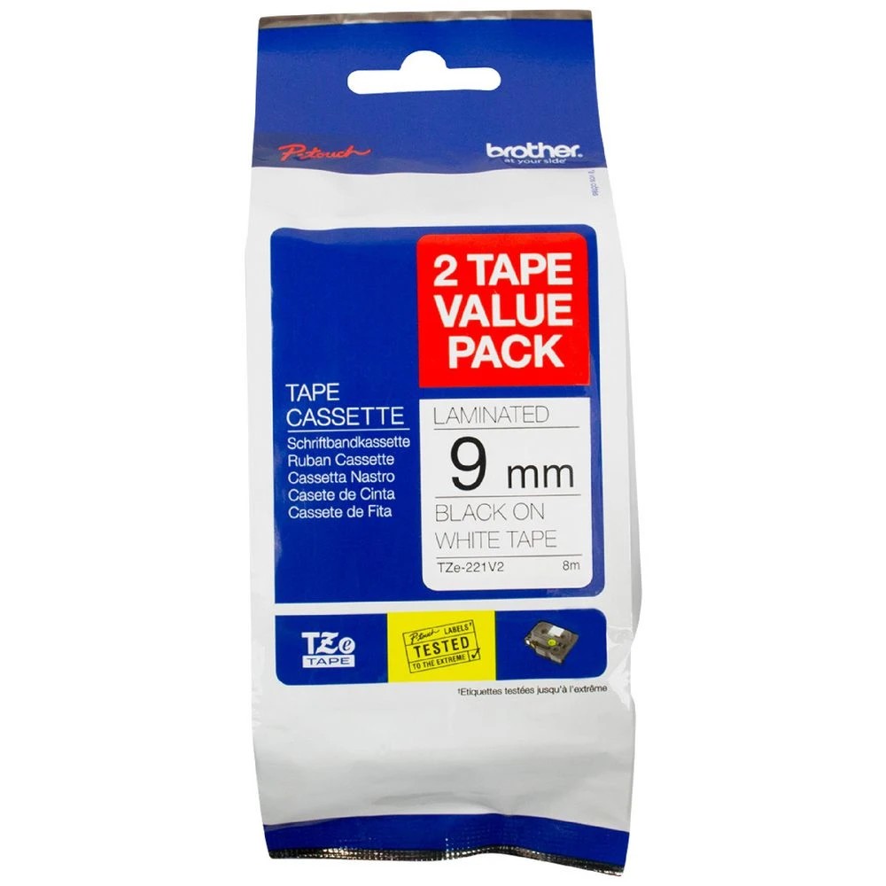 1 Brother TZe-221 Laminated Tape 9mm x 8m Black on White 2 Pk, 1 of 1