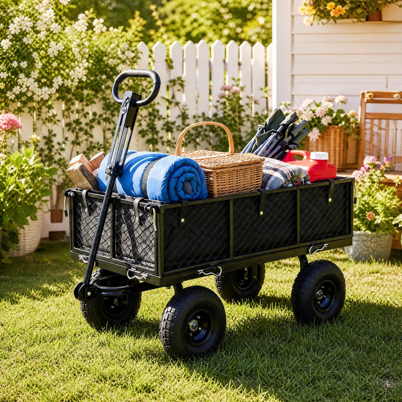 1 Costway Heavy Metal Garden Cart 400KG Utility Wagon w/Mesh Side & Rotating Handle - Black, 1 of 6