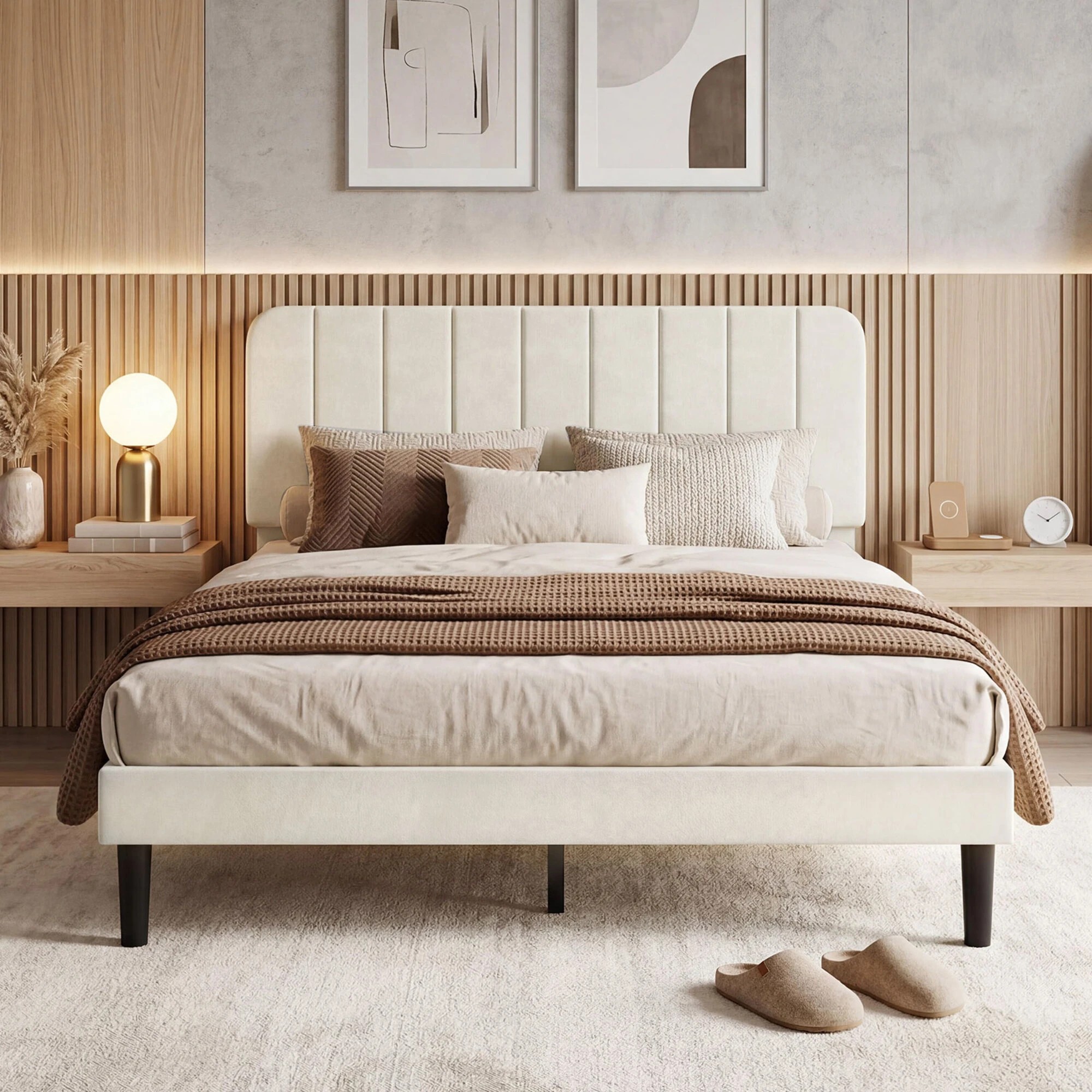 8 Levede Frame Upholstered Platform Bedframe With Adjustable Velvet Headboard - White, 8 of 9