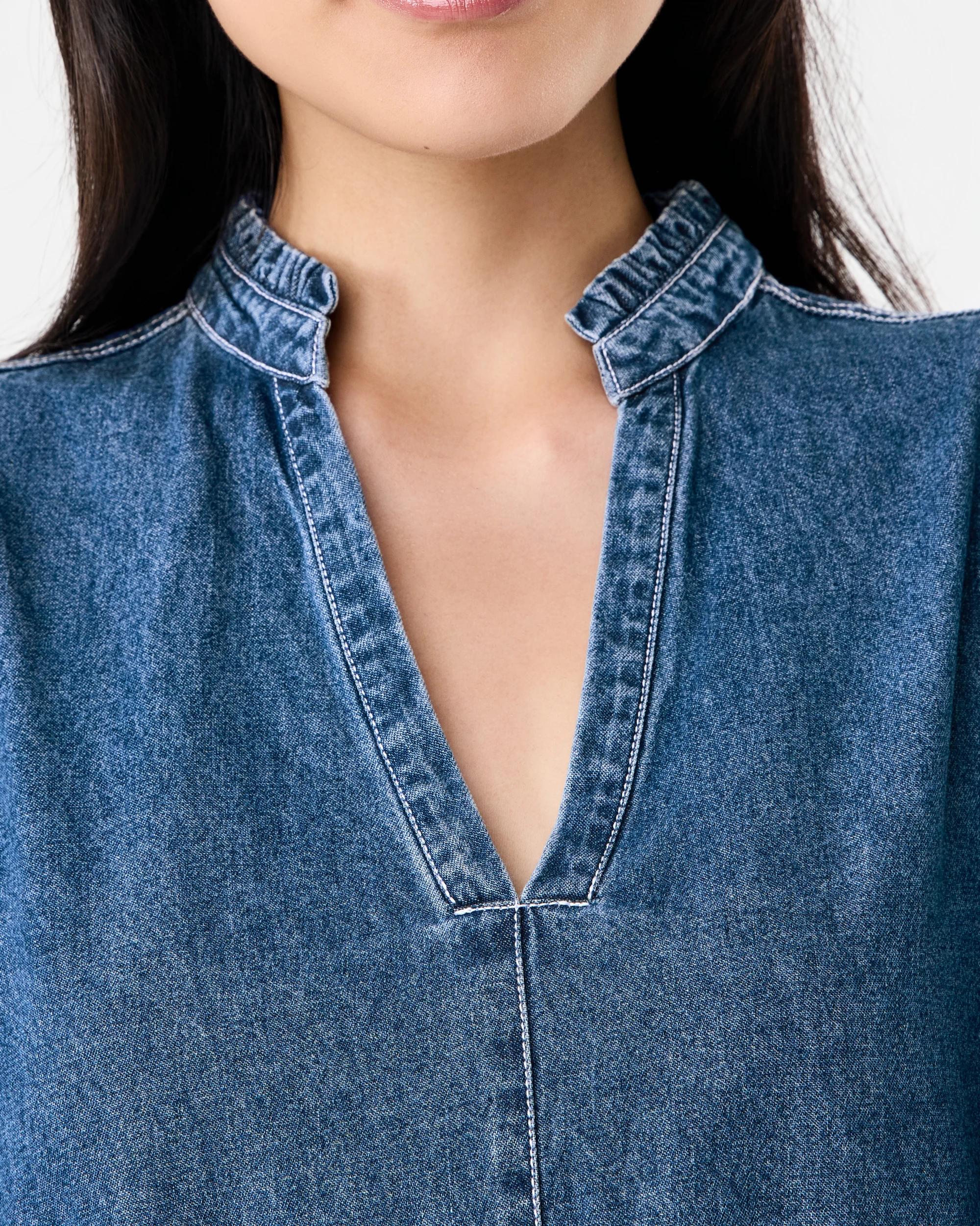 5 Long Sleeve Denim Notch Neck Maxi Dress Mid Wash, 5 of 8