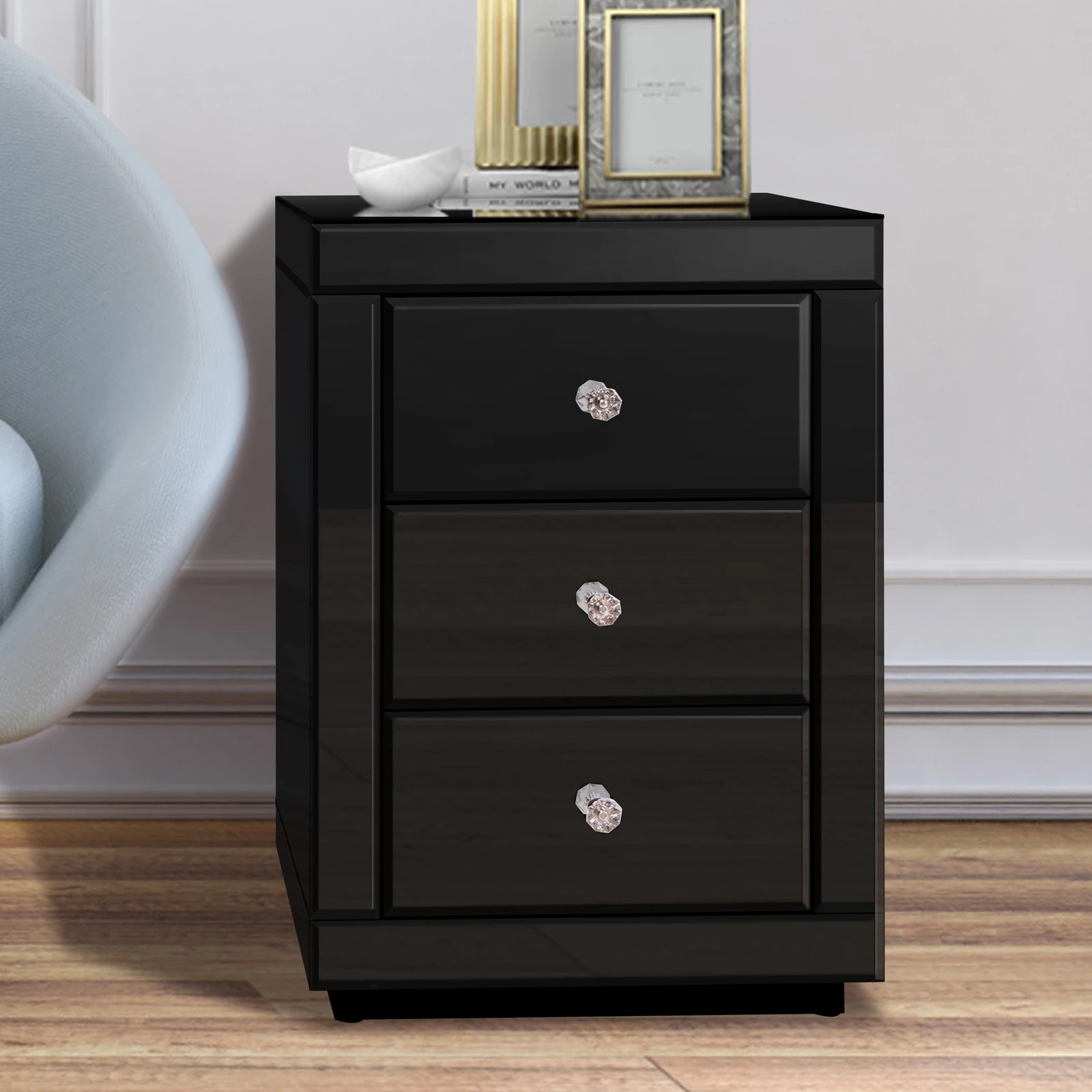 4 Alfordson Bedside Table Mirrored Cabinet Nightstand Side End Table Drawers - Black, 4 of 10