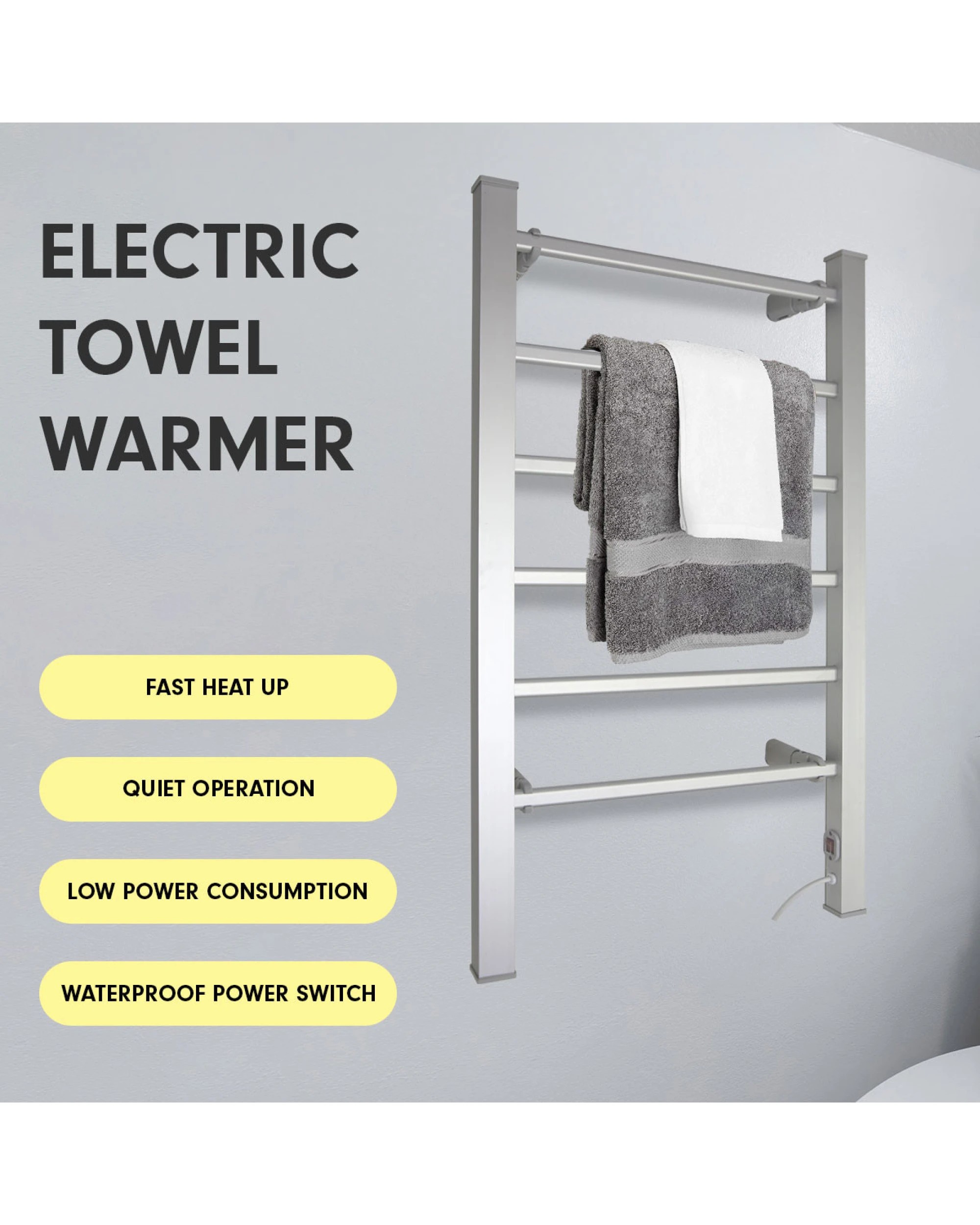 6 Pronti Heated Towel Rack Electric Bathroom Towel Rails Warmer 100W - Silver, 6 of 6