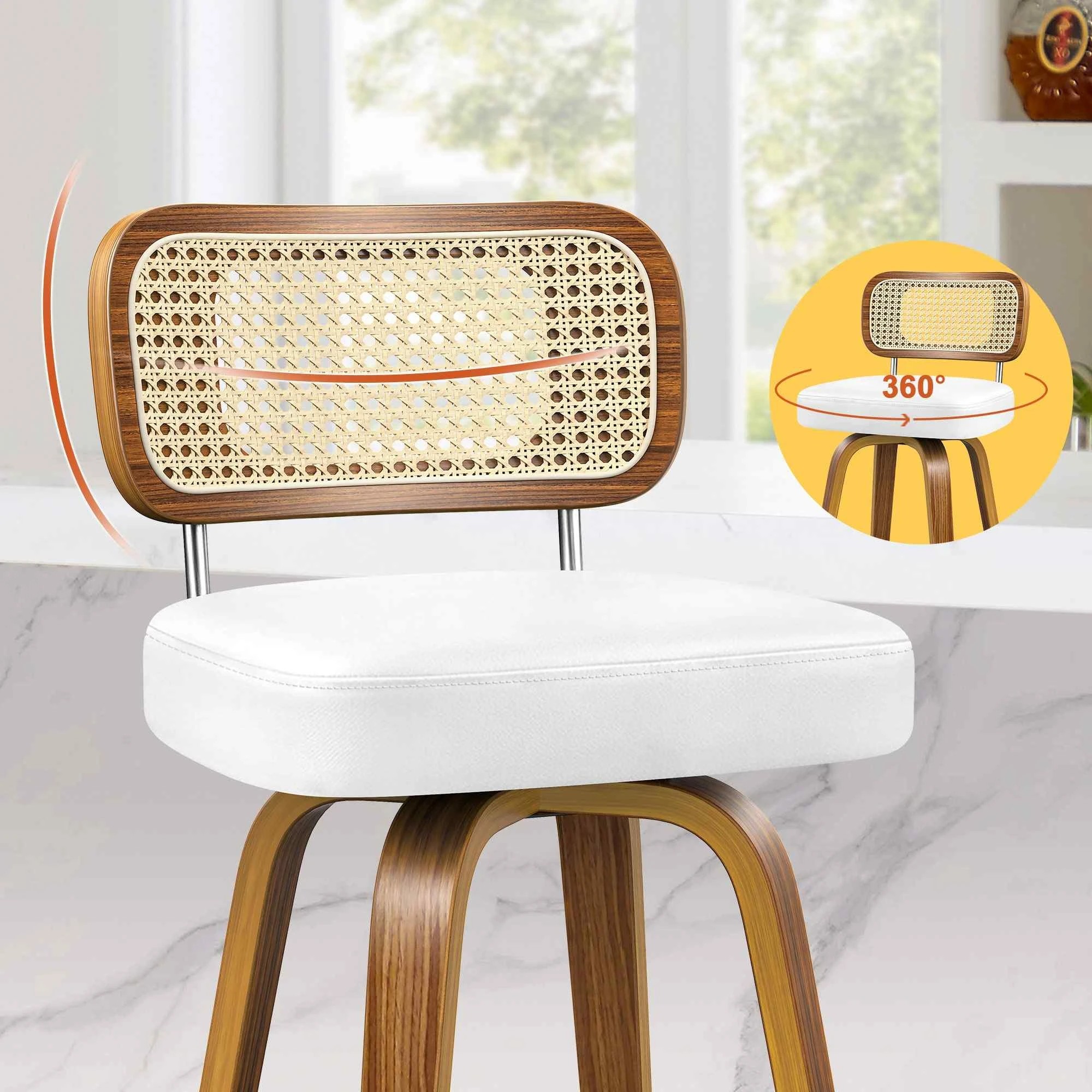 5 Alfordson 4x Bar Stools Kitchen Vintage Leather Seat Rattan Chair - White, 5 of 10