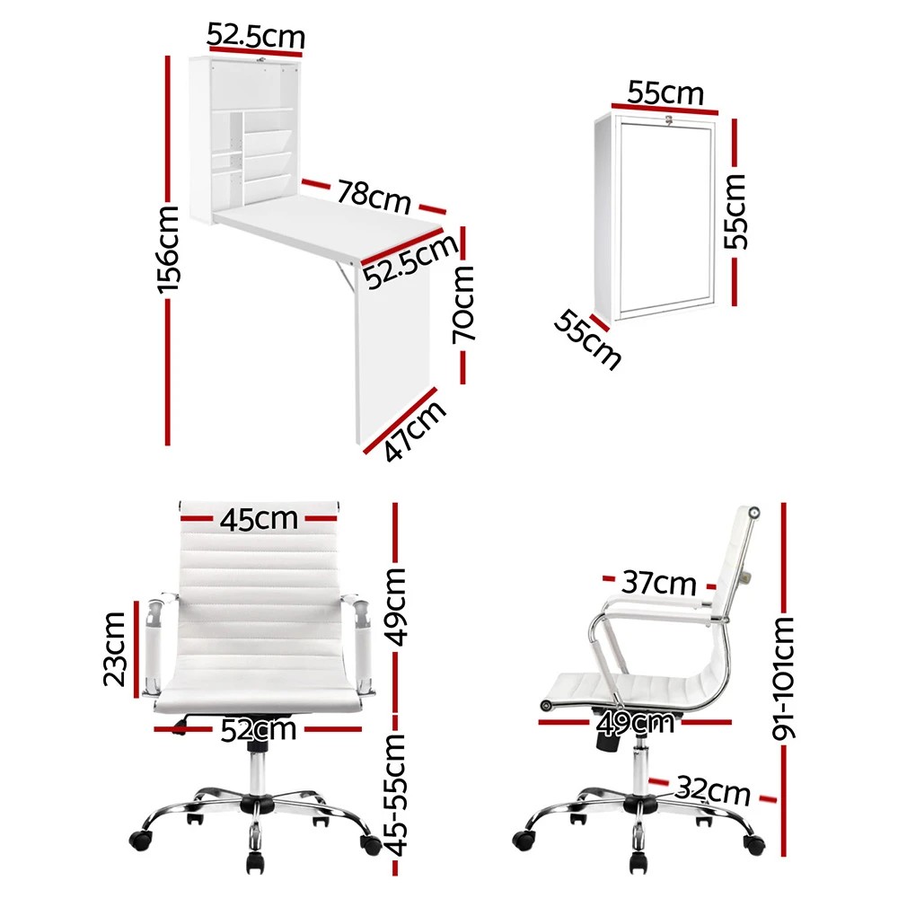 2 Artiss Computer Desk Office Chair Set PU Leather Wall Mount Foldable Table - White, 2 of 7