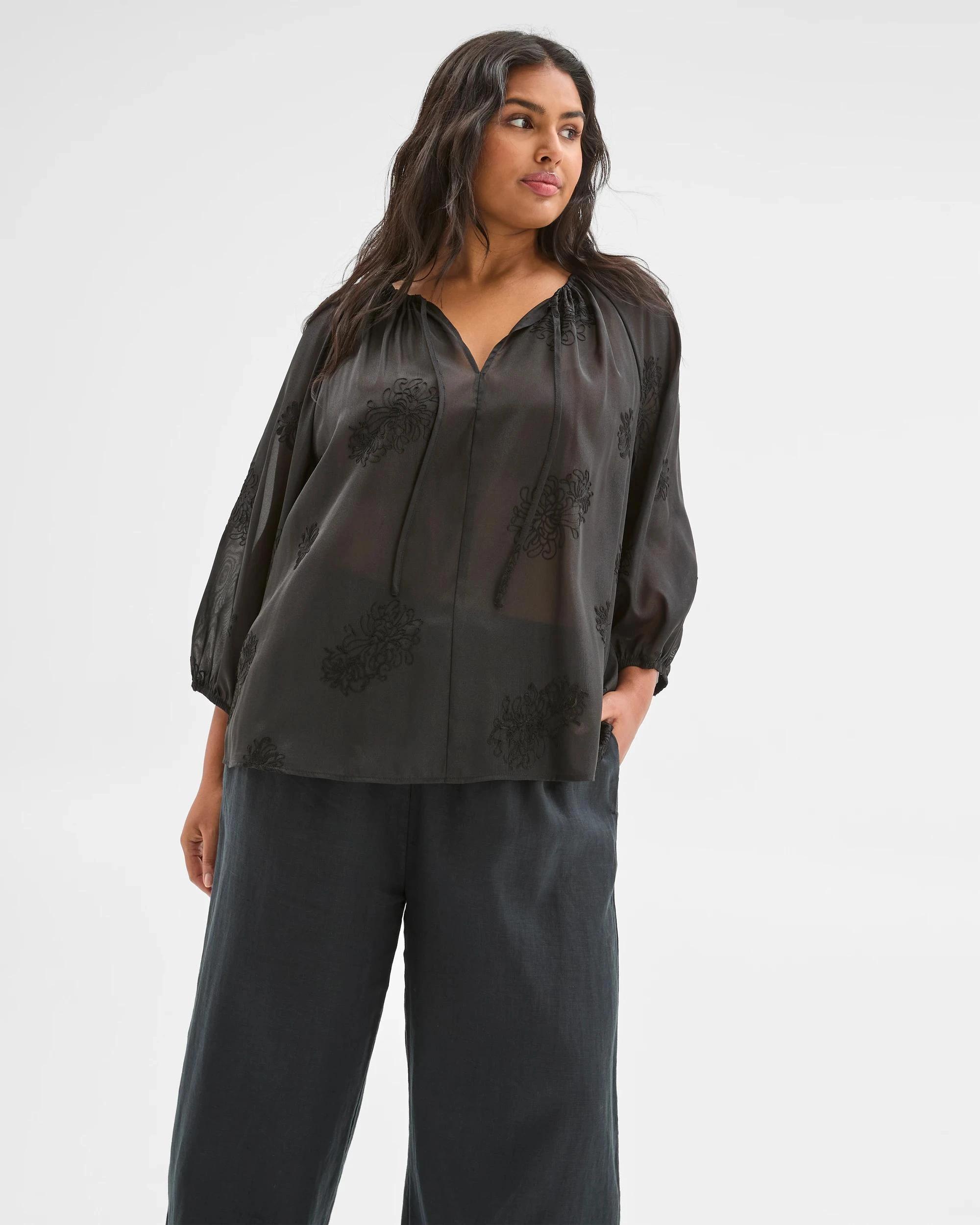 4 Target Plus Size 3/4 Sleeve Applique Detail Blouse BLACK, 4 of 7