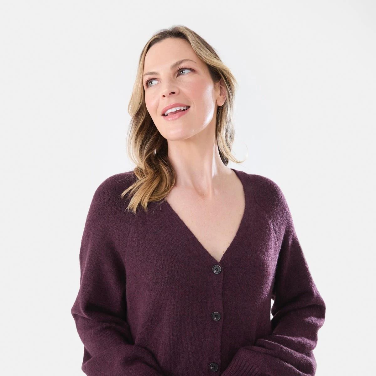 4 Long Sleeve Cardigan Knit Midi Dress Mulberry, 4 of 5