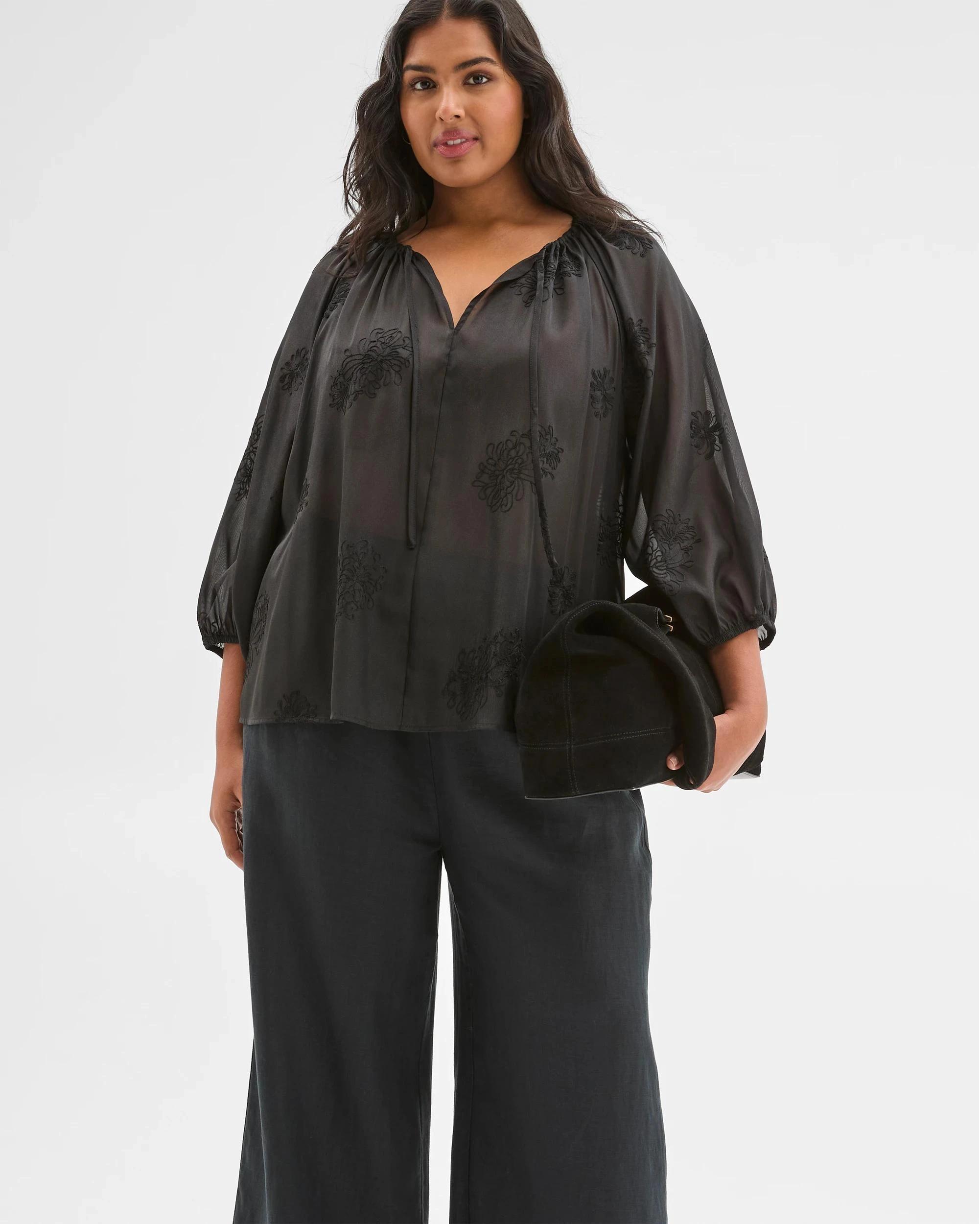 1 Target Plus Size 3/4 Sleeve Applique Detail Blouse BLACK, 1 of 7