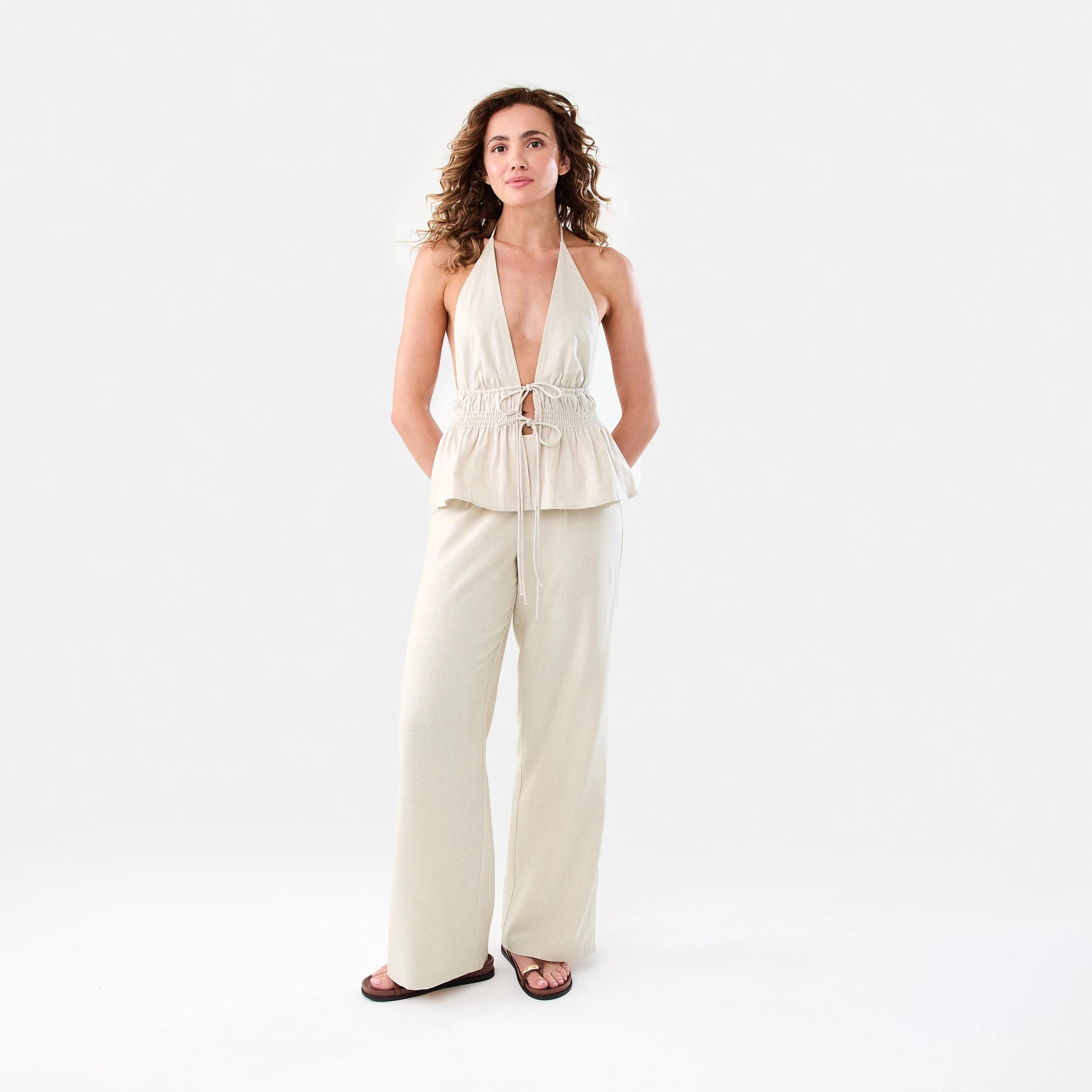2 Linen Blend Tie Front Halter Neck Top Natural, 2 of 7