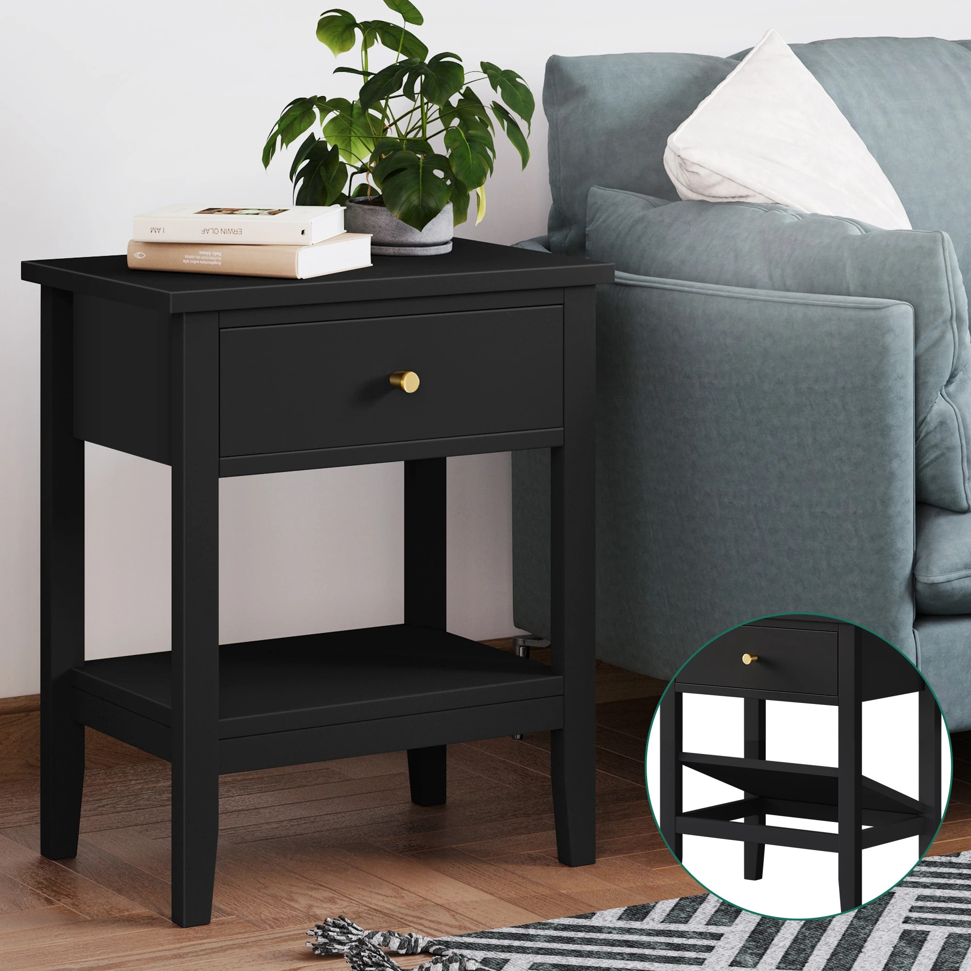 7 Alfordson Bedside Table Hamptons Nightstand Storage Side End 1 Drawer - Black, 7 of 10