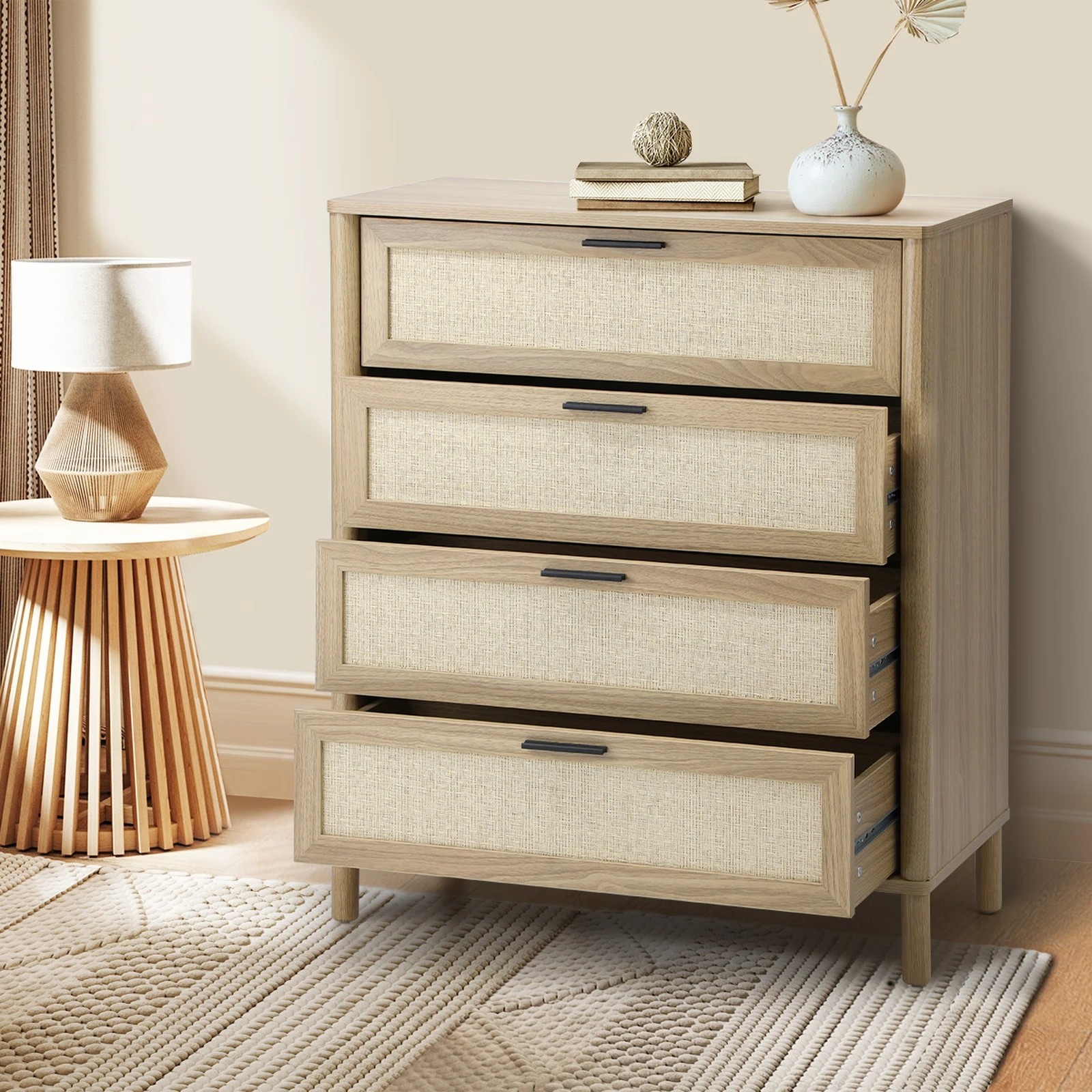 3 Oikiture 4 Chest Of Drawers Dresser Tallboy Storage Cabinet Rattan
 - Natural, 3 of 10