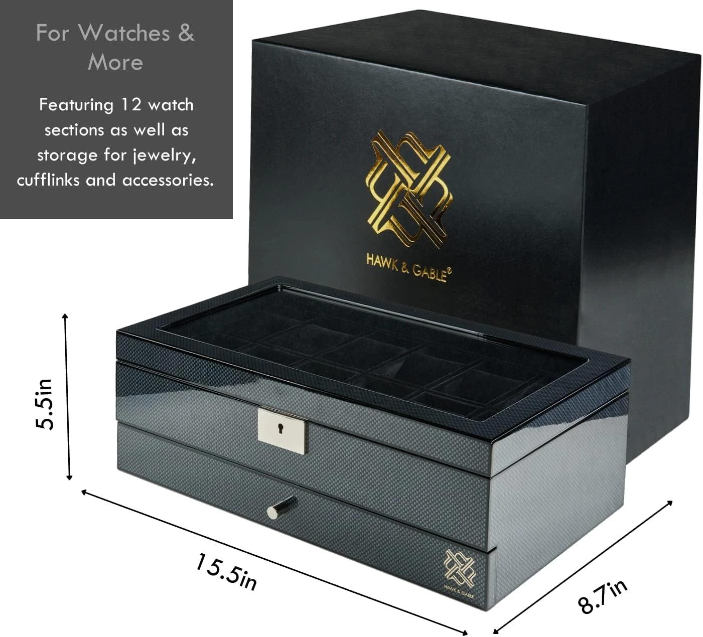 3 HAWK & GABLE 12 Slot Watch Box Organizer with Drawer Luxury Jewellery Case BLACK, 3 of 8