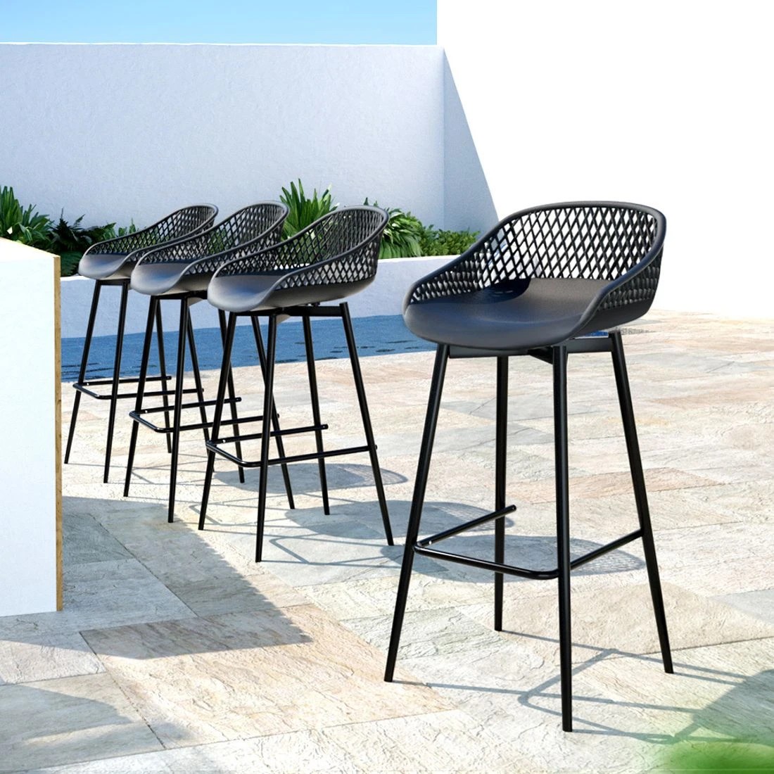 3 Gardeon 4-Piece Outdoor Bar Stools Plastic Metal Dining Chair Balcony - Black, 3 of 6