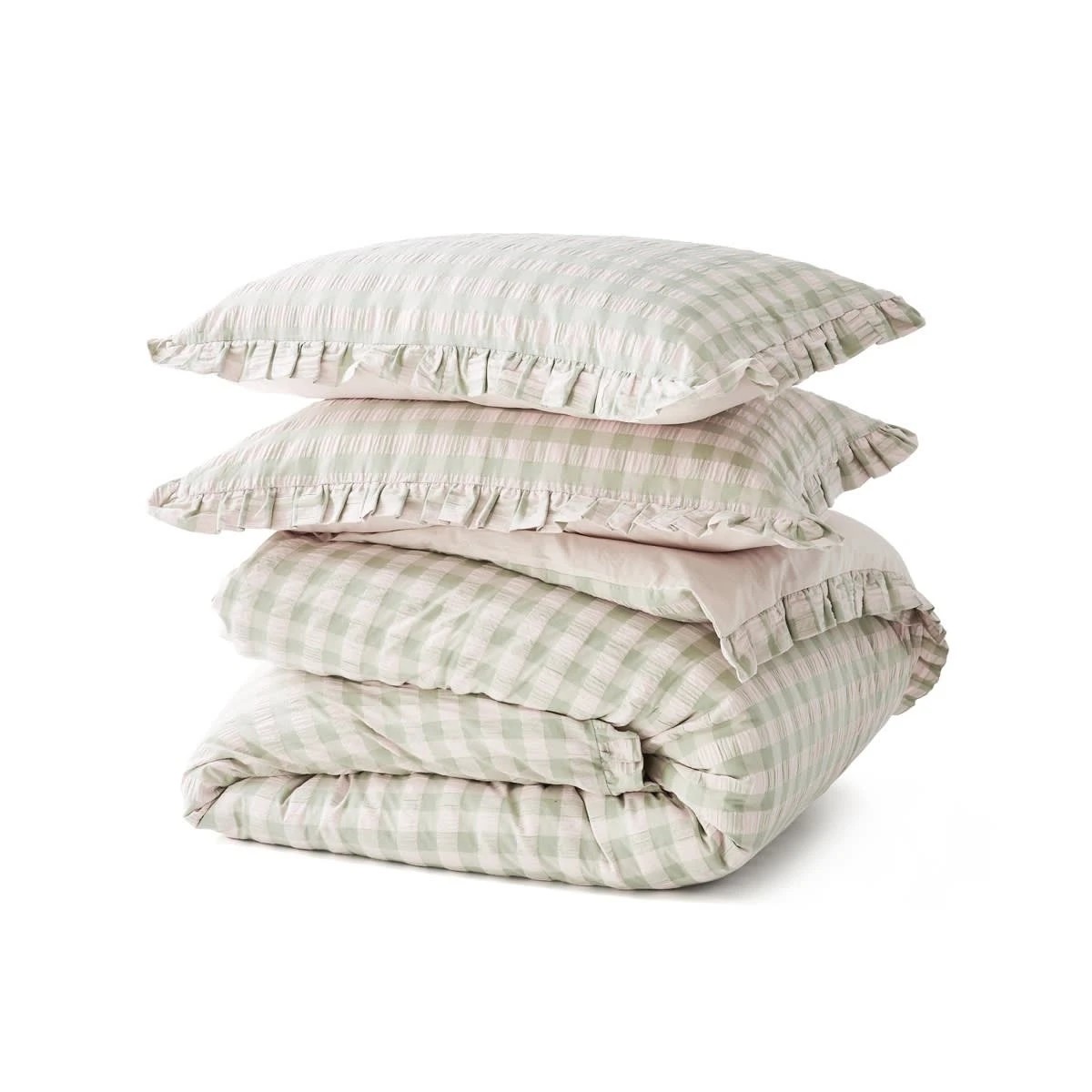 5 Gingham Ruffle Cotton Quilt Cover Set - Queen Bed, Sage and Pink, 5 of 6