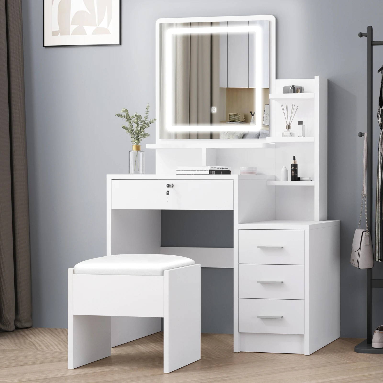 1 Alfordson Dressing Table Stool Set LED Makeup Mirror Vanity Desk Drawers - White, 1 of 10