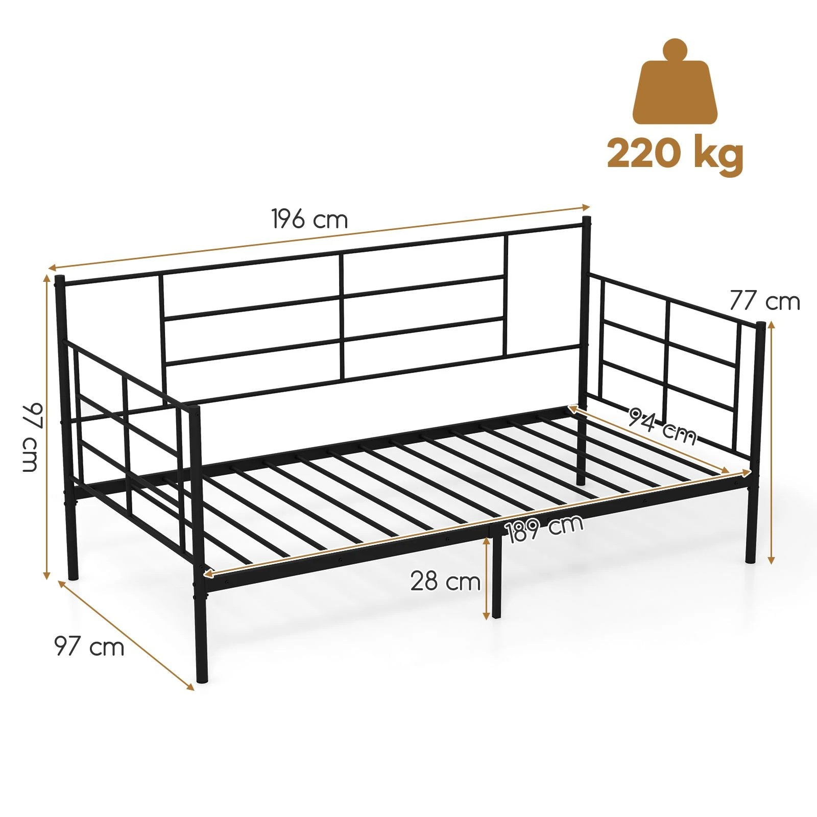 3 Costway Single Daybed Bed Frame 2-in-1 Sofa Bed w/Arms & Back Metal Slat Support, 3 of 3