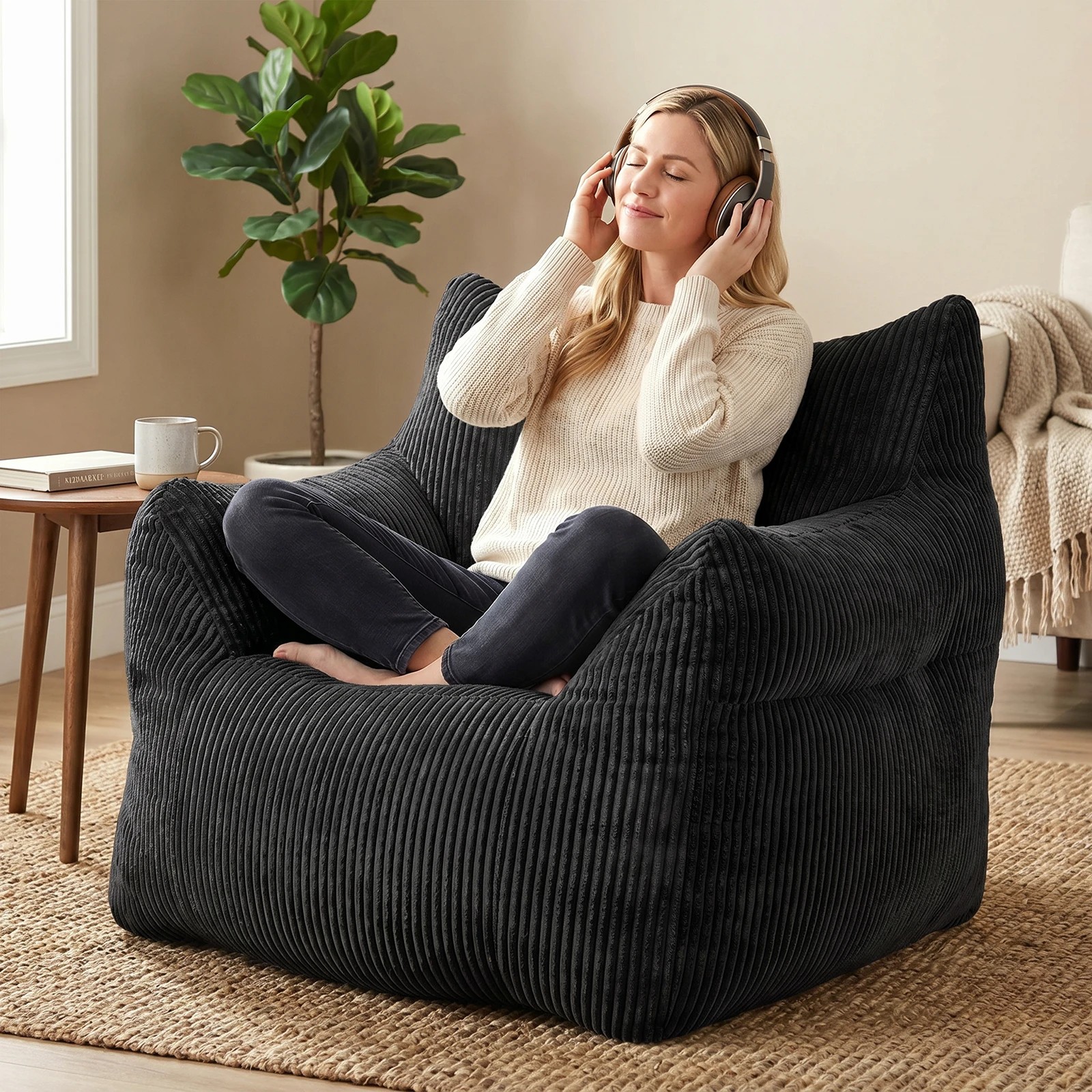 3 Advwin Bean Bag Chair Sofa w/ Armrest Handle Adults Teens Corduroy Lazy Floor Sofa - Black, 3 of 7