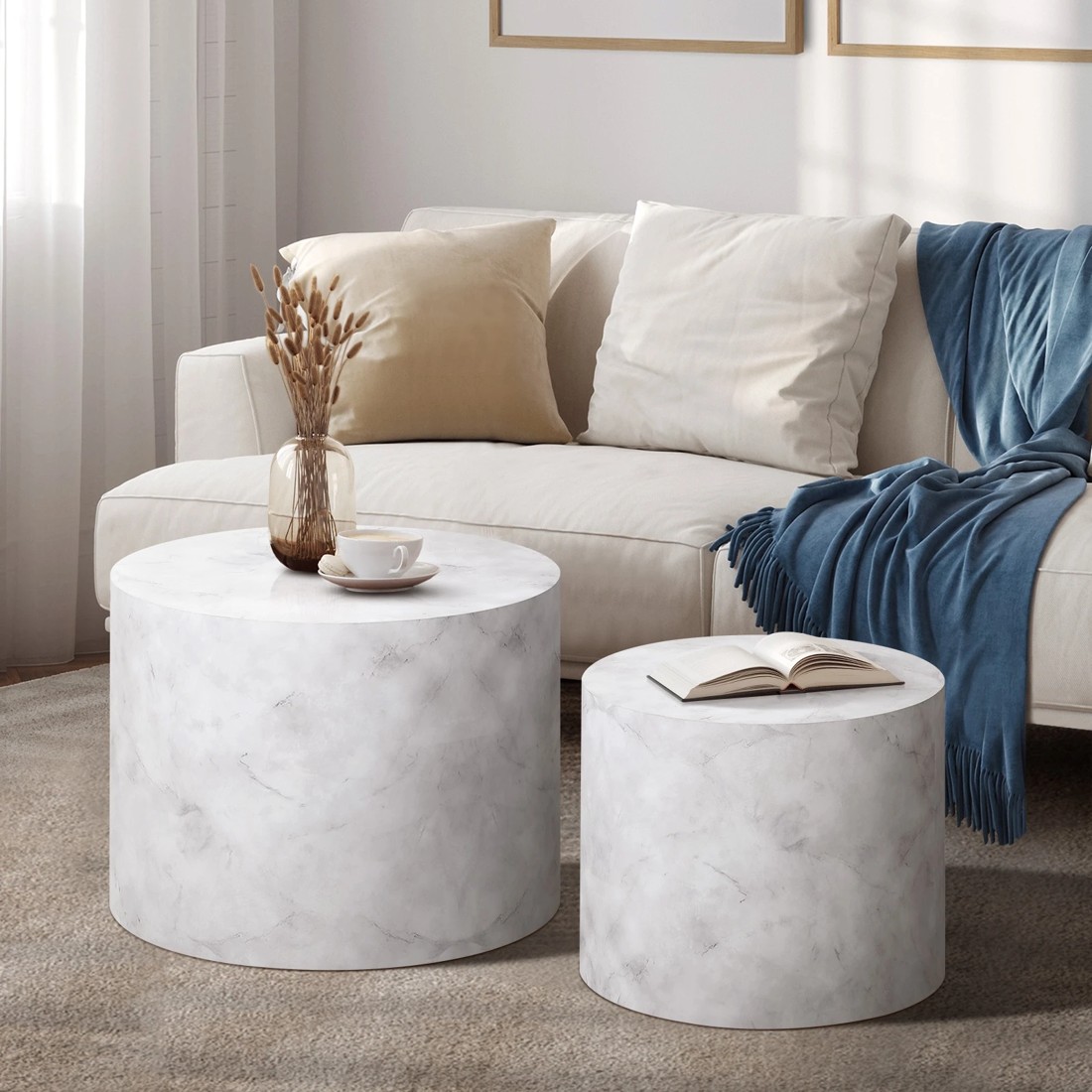 2 Oikiture Coffee Table Set Of 2 Round Side Tables Sofa Cafe Marble Effect
 - White, 2 of 10