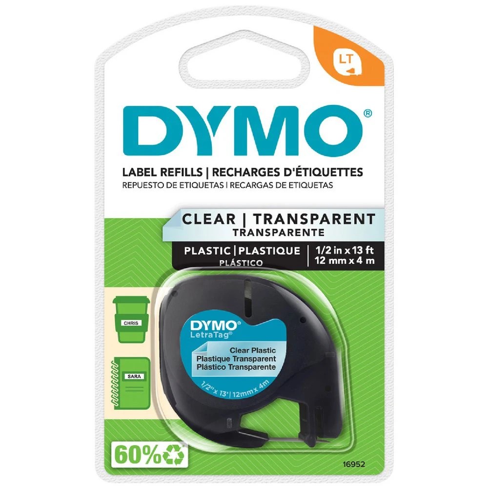 1 DYMO LetraTag Plastic Label Tape 12mm Black on Clear, 1 of 3