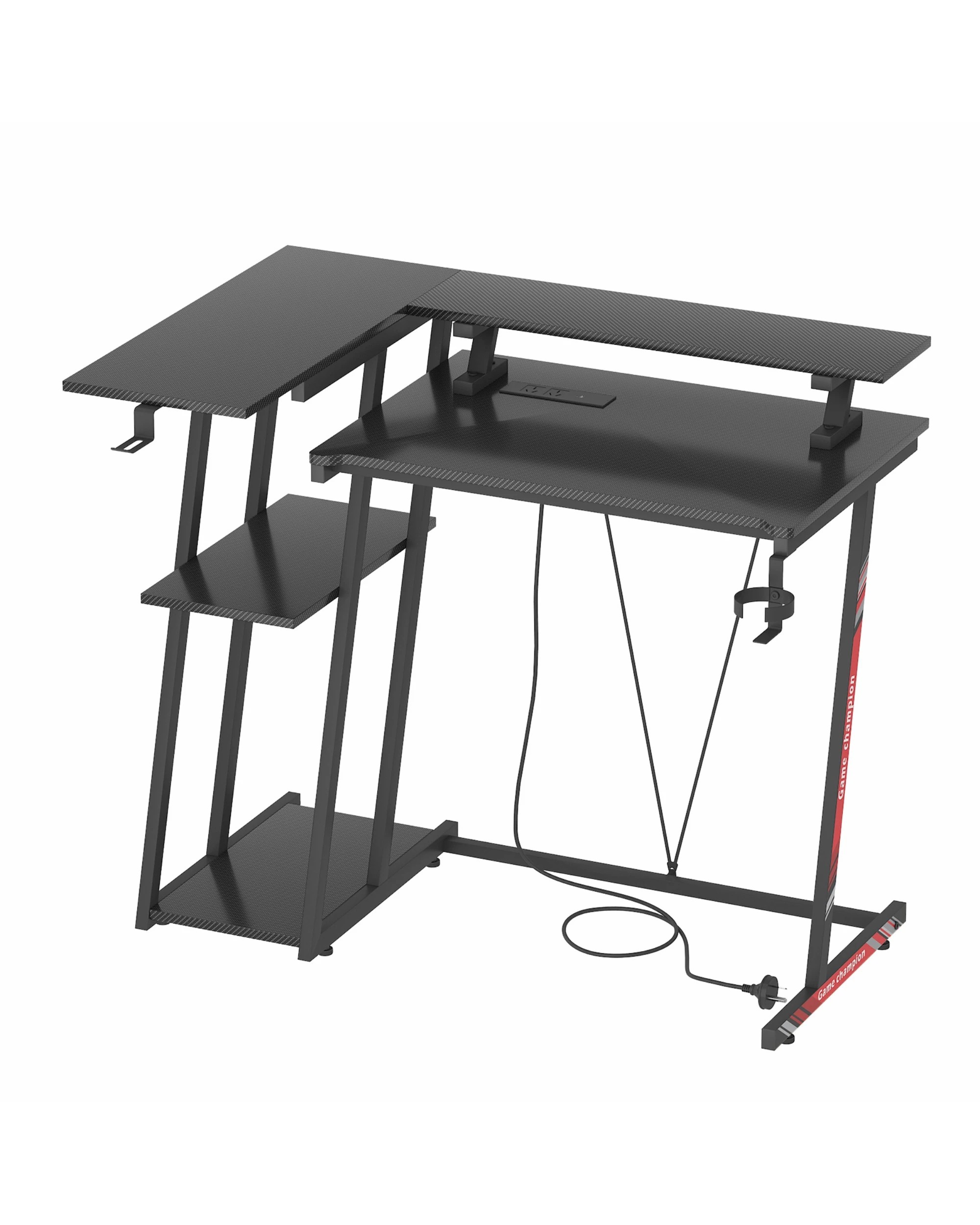 1 Advwin L Shaped Gaming Desk with LED Lights & Power Outlets Reversible Storage Shelf 100cm - Black, 1 of 10