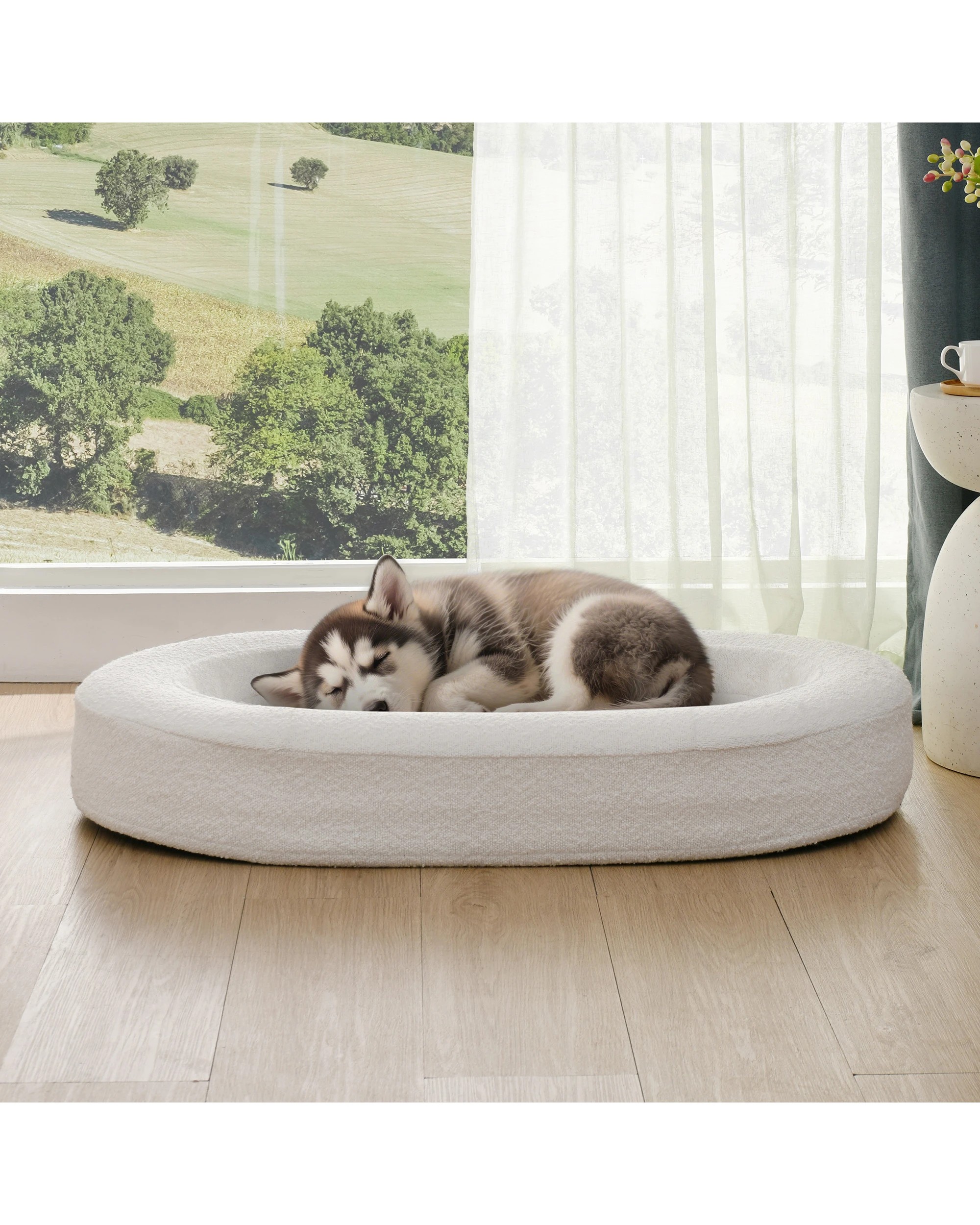 1 Charlie's Marlo Orthopedic Bolster Boucle Dog Bed 120x75cm Large - White, 1 of 9