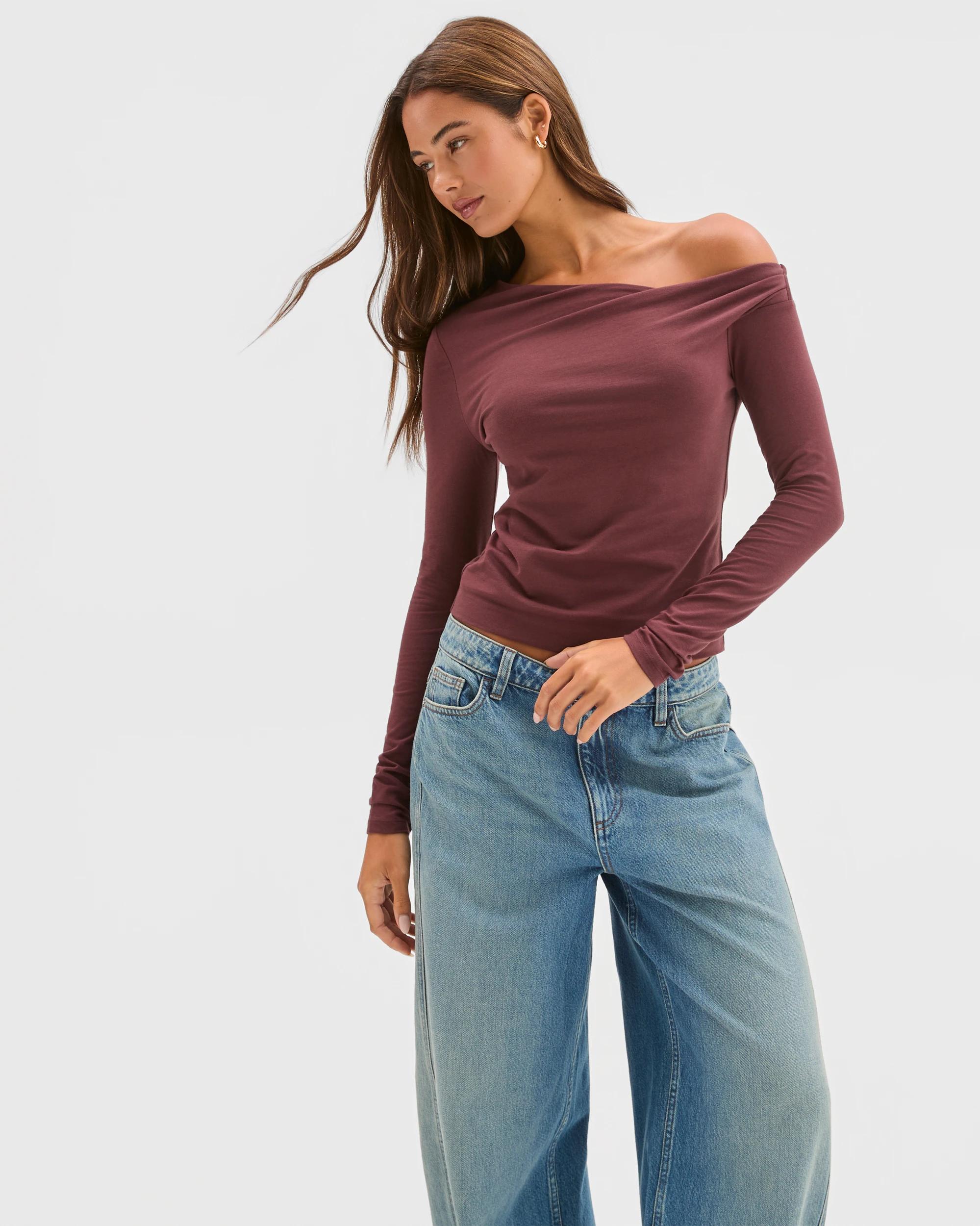 4 Lily Loves Australian Cotton Off Shoulder Long Sleeve Top BURGUNDY, 4 of 7