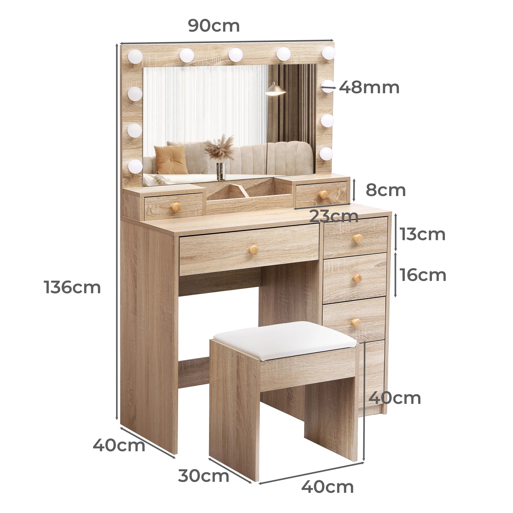 3 Levede Led Mirrordressing Table Set-natural, 3 of 9