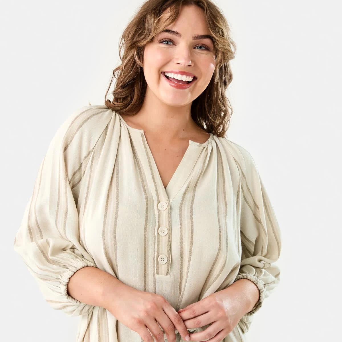 5 Elbow Sleeve Linen Blend Mini Dress STRIPE NATURAL BEIGE, 5 of 9