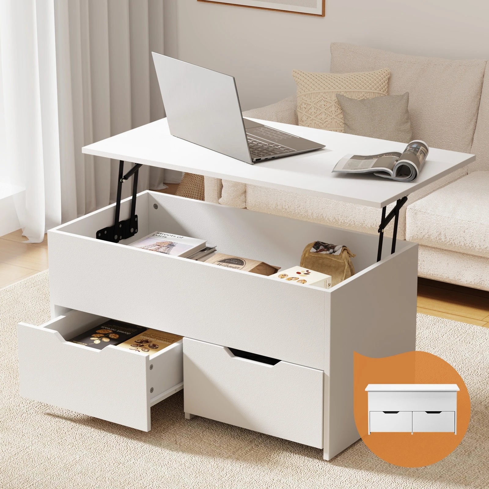 3 Oikiture Coffee Table Lift Up Top With Drawers Hidden Book Storage White - White, 3 of 7