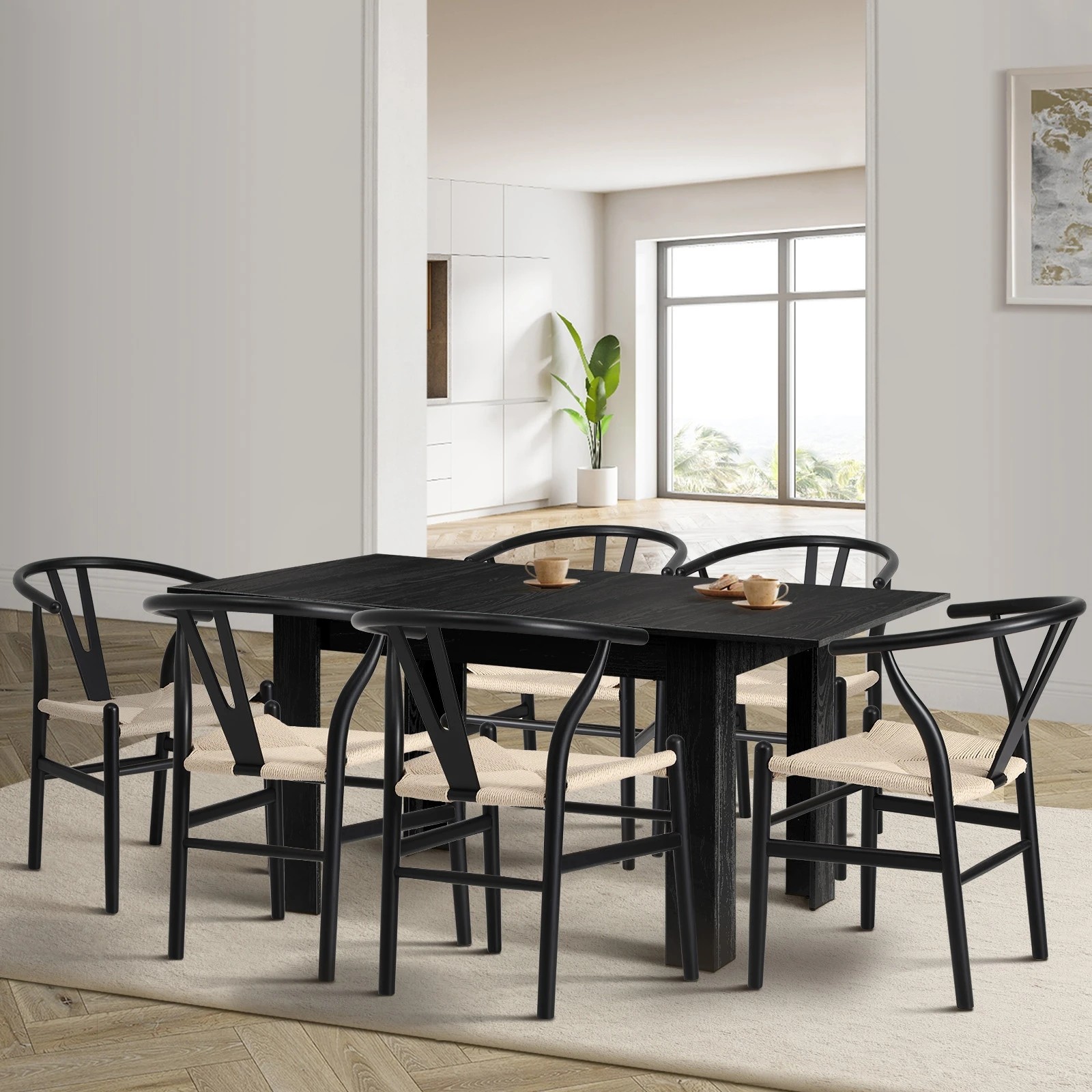 3 Oikiture 160cm Extendable Dining Table with 6x Hans Wegner Dining Chairs - Black, 3 of 9