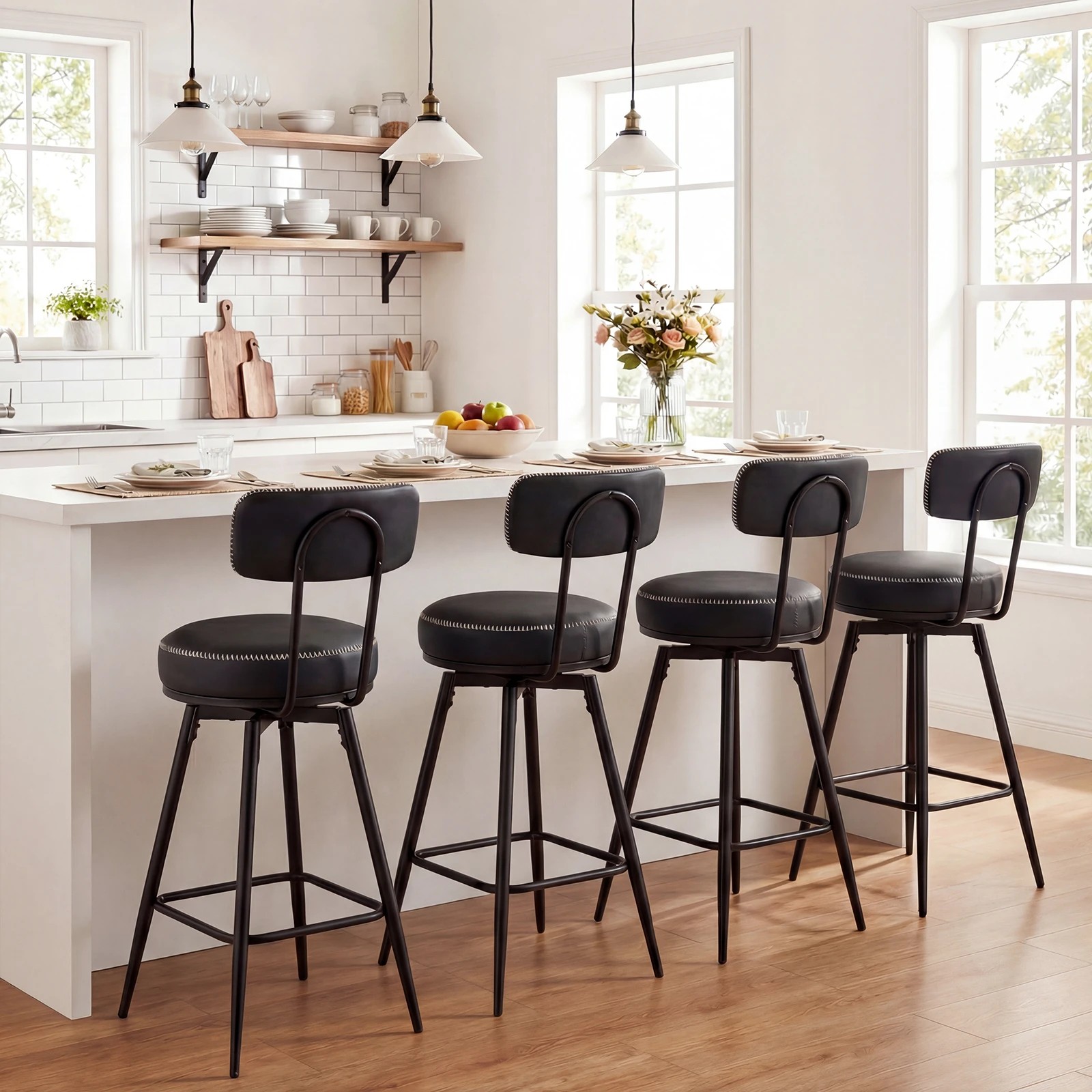 3 Costway 2x Swivel Bar Stools Modern Counter Height Chairs Kitchen Faux Leather Upholstered Barstools, 3 of 3